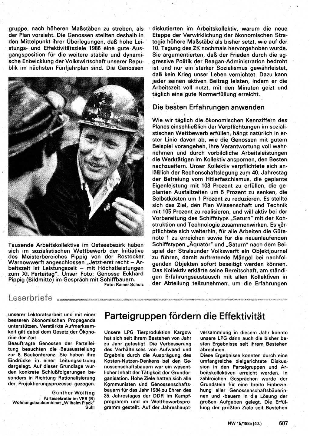 Neuer Weg (NW), Organ des Zentralkomitees (ZK) der SED (Sozialistische Einheitspartei Deutschlands) für Fragen des Parteilebens, 40. Jahrgang [Deutsche Demokratische Republik (DDR)] 1985, Seite 607 (NW ZK SED DDR 1985, S. 607)