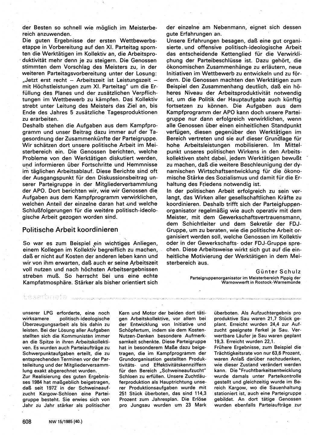 Neuer Weg (NW), Organ des Zentralkomitees (ZK) der SED (Sozialistische Einheitspartei Deutschlands) für Fragen des Parteilebens, 40. Jahrgang [Deutsche Demokratische Republik (DDR)] 1985, Seite 608 (NW ZK SED DDR 1985, S. 608)