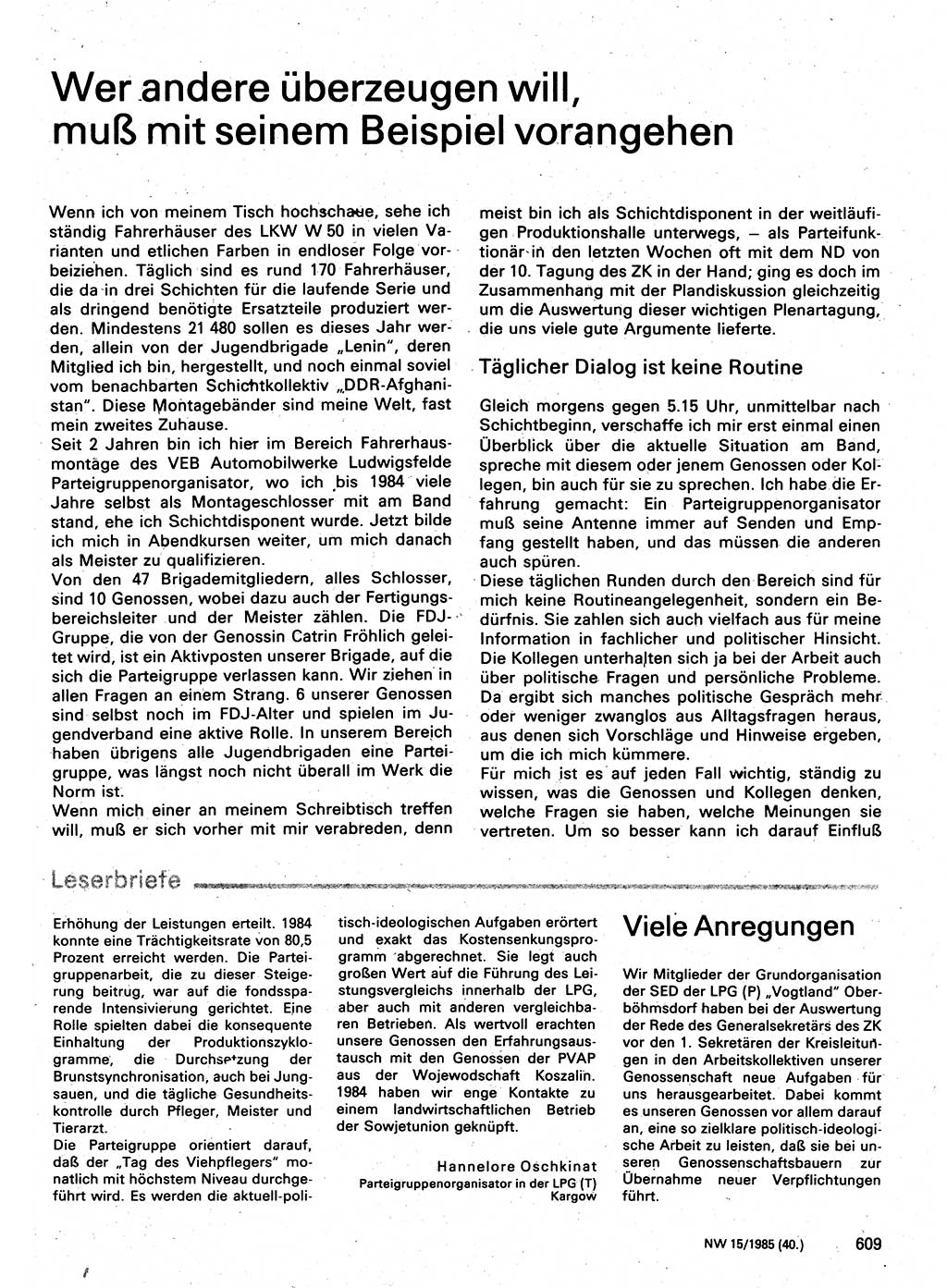 Neuer Weg (NW), Organ des Zentralkomitees (ZK) der SED (Sozialistische Einheitspartei Deutschlands) für Fragen des Parteilebens, 40. Jahrgang [Deutsche Demokratische Republik (DDR)] 1985, Seite 609 (NW ZK SED DDR 1985, S. 609)
