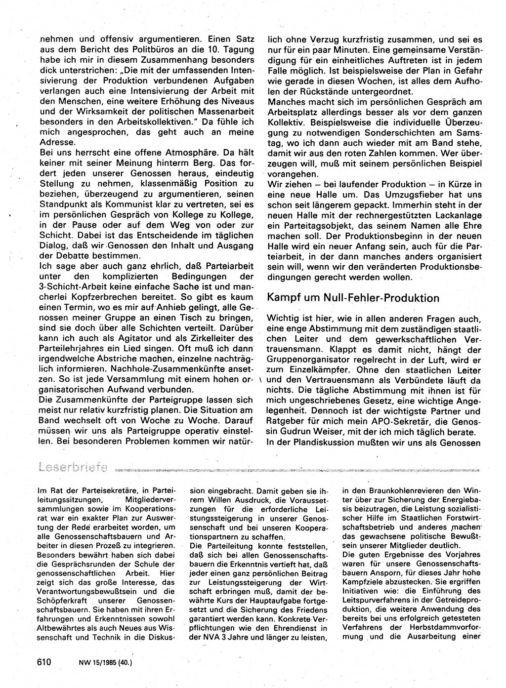 Neuer Weg (NW), Organ des Zentralkomitees (ZK) der SED (Sozialistische Einheitspartei Deutschlands) für Fragen des Parteilebens, 40. Jahrgang [Deutsche Demokratische Republik (DDR)] 1985, Seite 610 (NW ZK SED DDR 1985, S. 610)