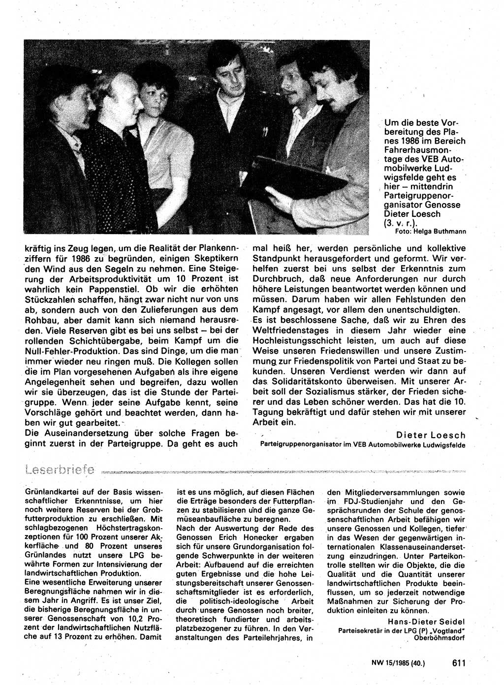 Neuer Weg (NW), Organ des Zentralkomitees (ZK) der SED (Sozialistische Einheitspartei Deutschlands) für Fragen des Parteilebens, 40. Jahrgang [Deutsche Demokratische Republik (DDR)] 1985, Seite 611 (NW ZK SED DDR 1985, S. 611)