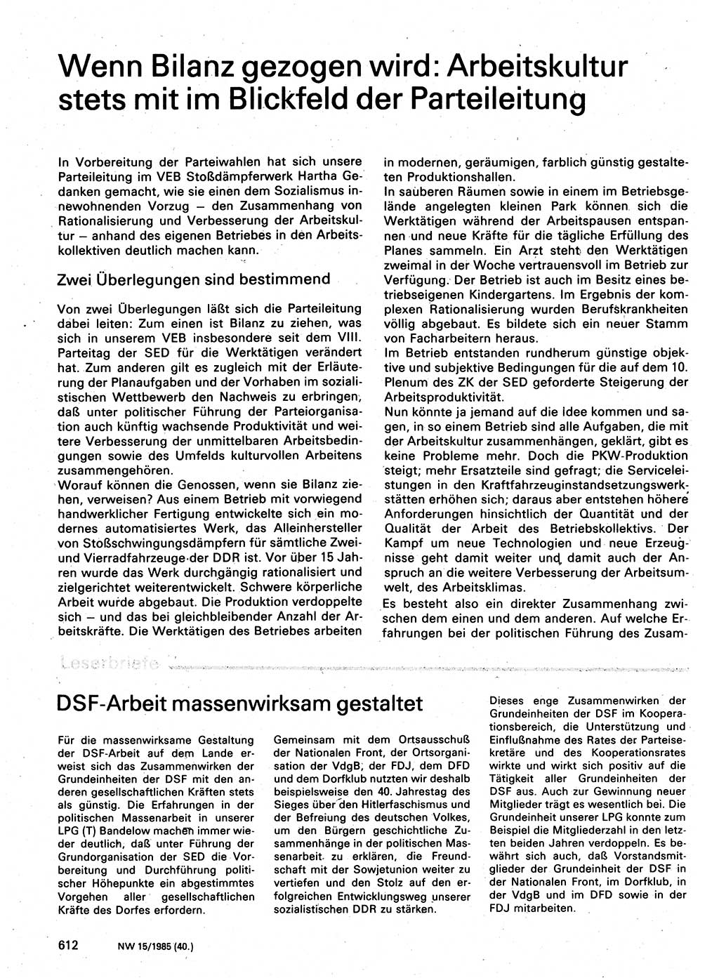 Neuer Weg (NW), Organ des Zentralkomitees (ZK) der SED (Sozialistische Einheitspartei Deutschlands) für Fragen des Parteilebens, 40. Jahrgang [Deutsche Demokratische Republik (DDR)] 1985, Seite 612 (NW ZK SED DDR 1985, S. 612)