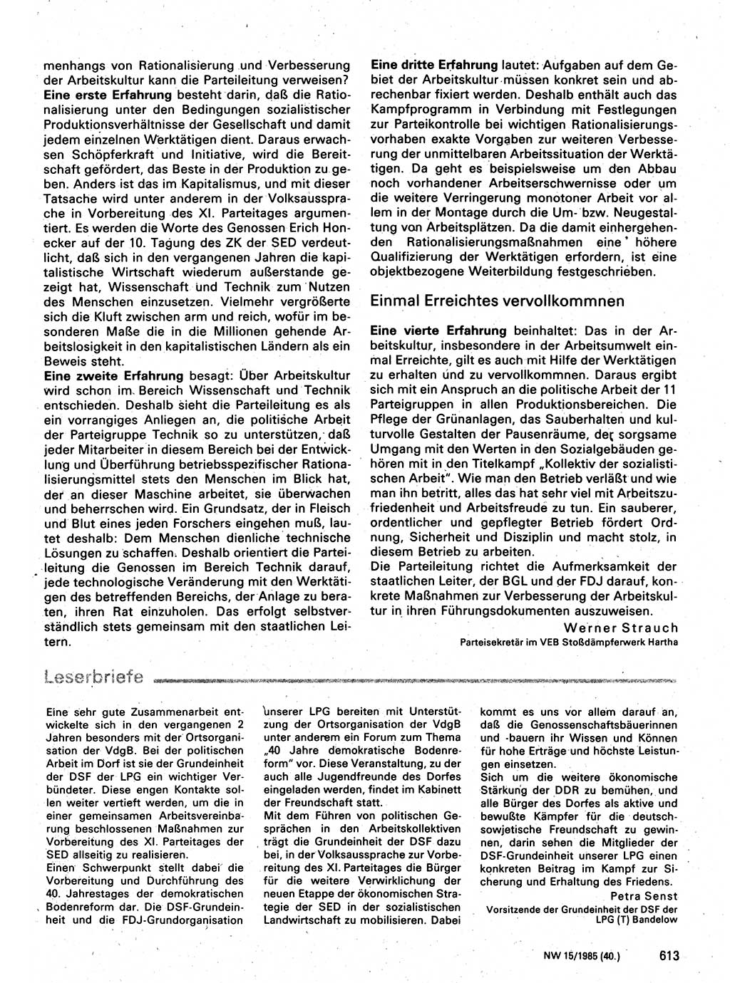 Neuer Weg (NW), Organ des Zentralkomitees (ZK) der SED (Sozialistische Einheitspartei Deutschlands) für Fragen des Parteilebens, 40. Jahrgang [Deutsche Demokratische Republik (DDR)] 1985, Seite 613 (NW ZK SED DDR 1985, S. 613)