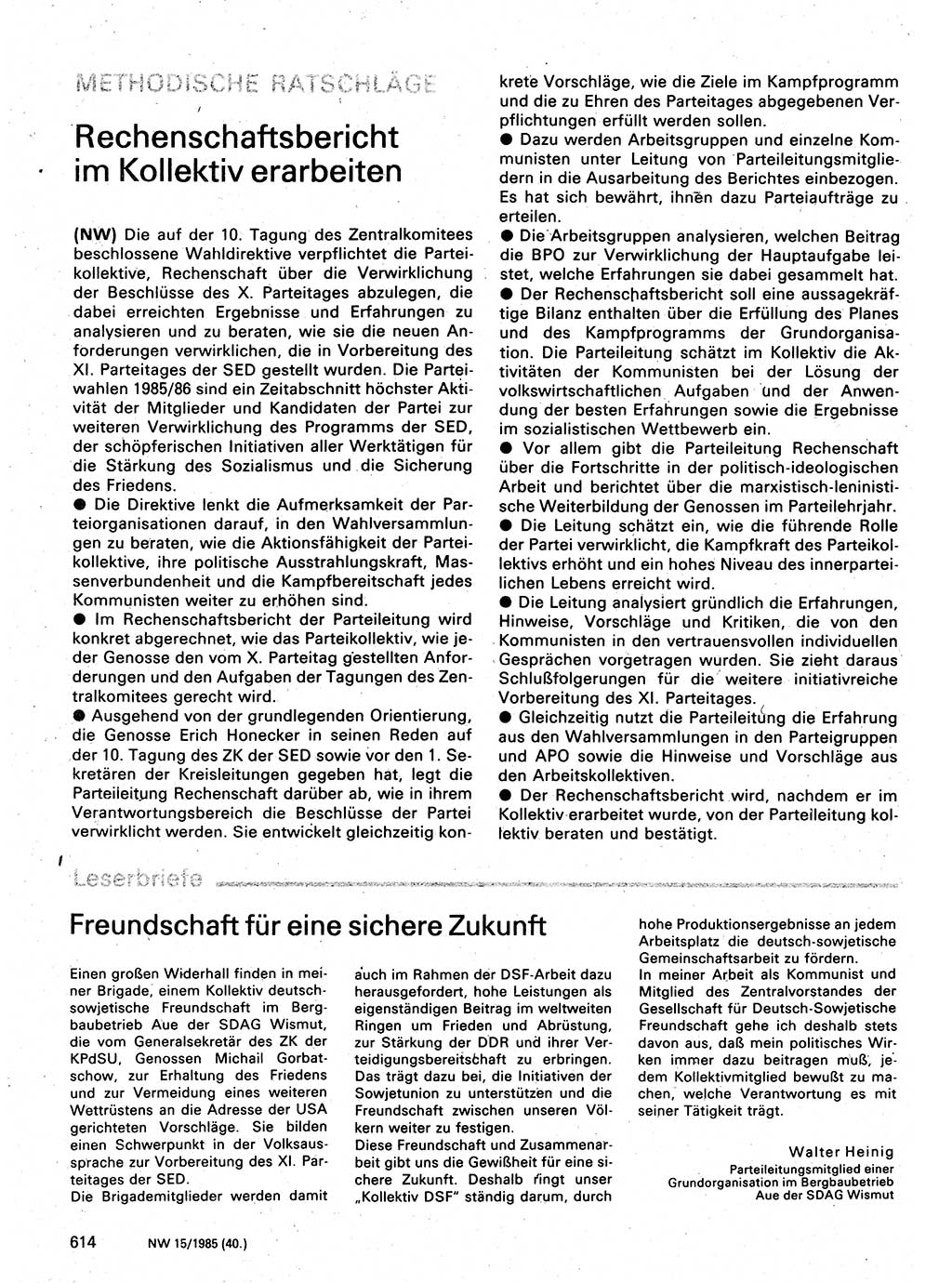 Neuer Weg (NW), Organ des Zentralkomitees (ZK) der SED (Sozialistische Einheitspartei Deutschlands) für Fragen des Parteilebens, 40. Jahrgang [Deutsche Demokratische Republik (DDR)] 1985, Seite 614 (NW ZK SED DDR 1985, S. 614)