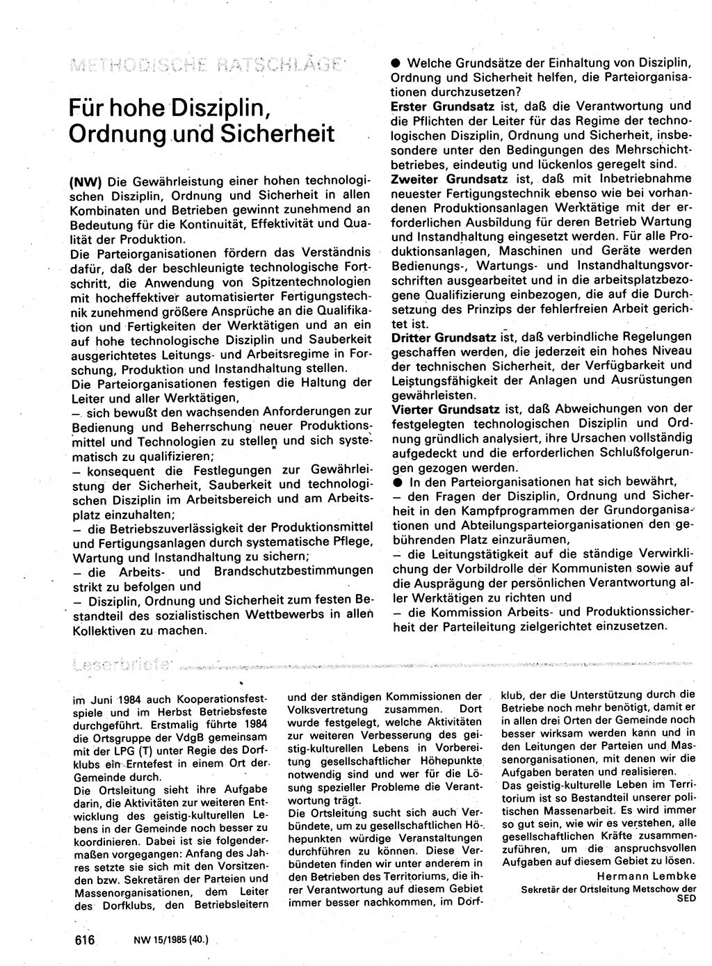 Neuer Weg (NW), Organ des Zentralkomitees (ZK) der SED (Sozialistische Einheitspartei Deutschlands) für Fragen des Parteilebens, 40. Jahrgang [Deutsche Demokratische Republik (DDR)] 1985, Seite 616 (NW ZK SED DDR 1985, S. 616)