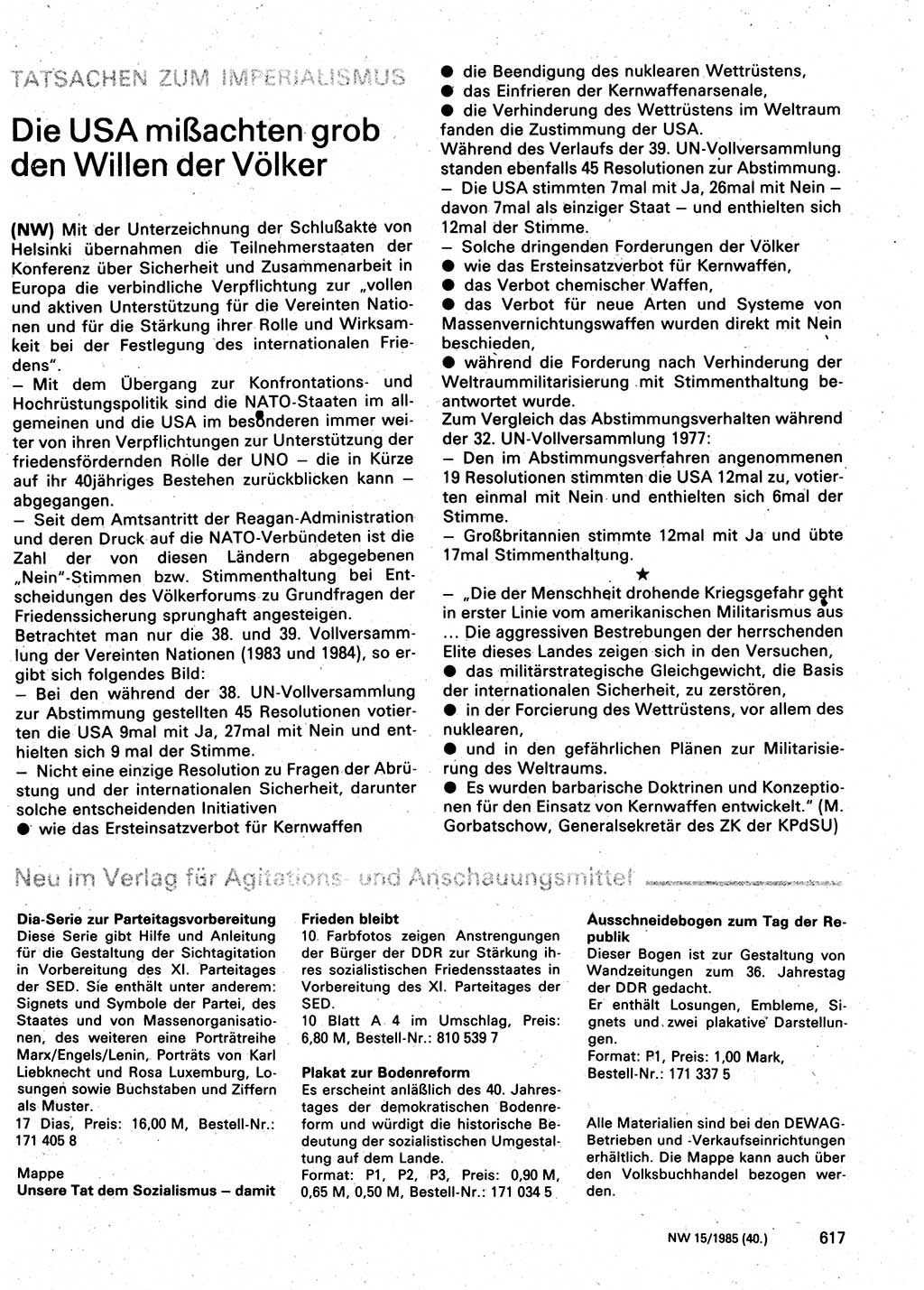 Neuer Weg (NW), Organ des Zentralkomitees (ZK) der SED (Sozialistische Einheitspartei Deutschlands) für Fragen des Parteilebens, 40. Jahrgang [Deutsche Demokratische Republik (DDR)] 1985, Seite 617 (NW ZK SED DDR 1985, S. 617)