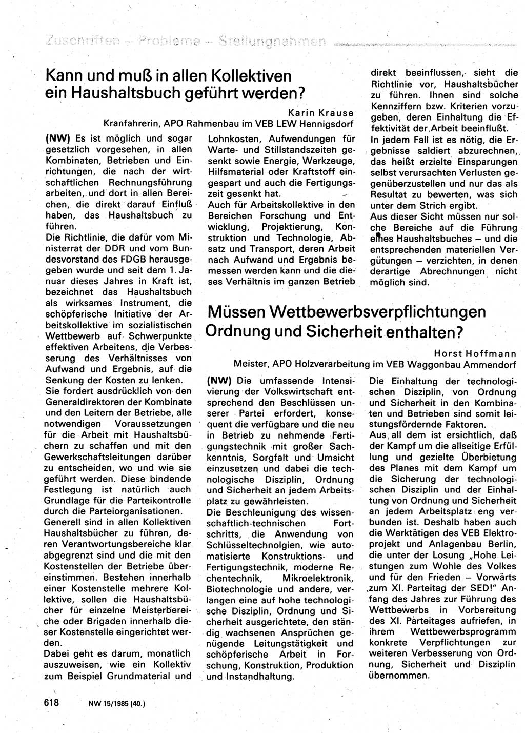 Neuer Weg (NW), Organ des Zentralkomitees (ZK) der SED (Sozialistische Einheitspartei Deutschlands) für Fragen des Parteilebens, 40. Jahrgang [Deutsche Demokratische Republik (DDR)] 1985, Seite 618 (NW ZK SED DDR 1985, S. 618)