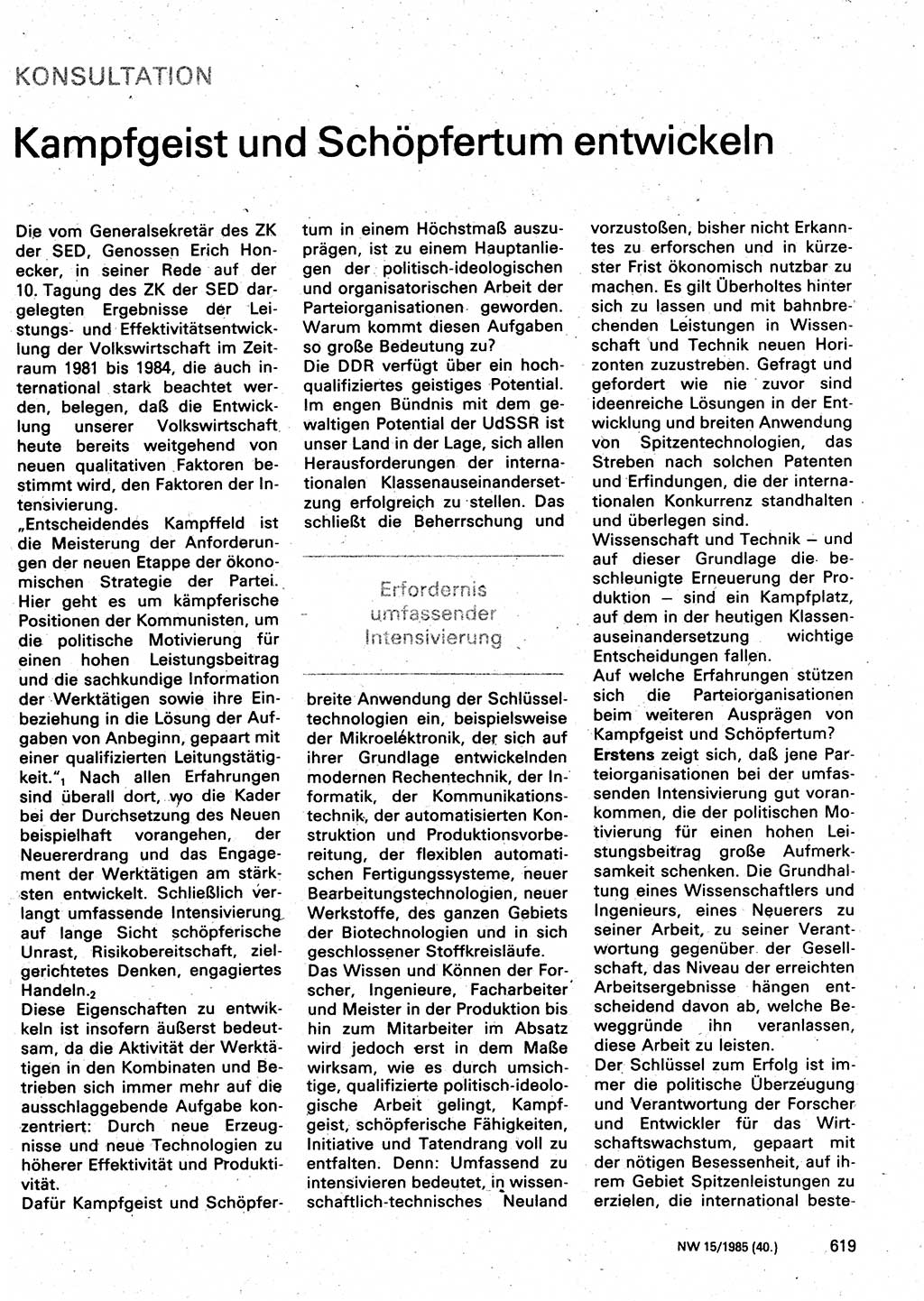 Neuer Weg (NW), Organ des Zentralkomitees (ZK) der SED (Sozialistische Einheitspartei Deutschlands) für Fragen des Parteilebens, 40. Jahrgang [Deutsche Demokratische Republik (DDR)] 1985, Seite 619 (NW ZK SED DDR 1985, S. 619)