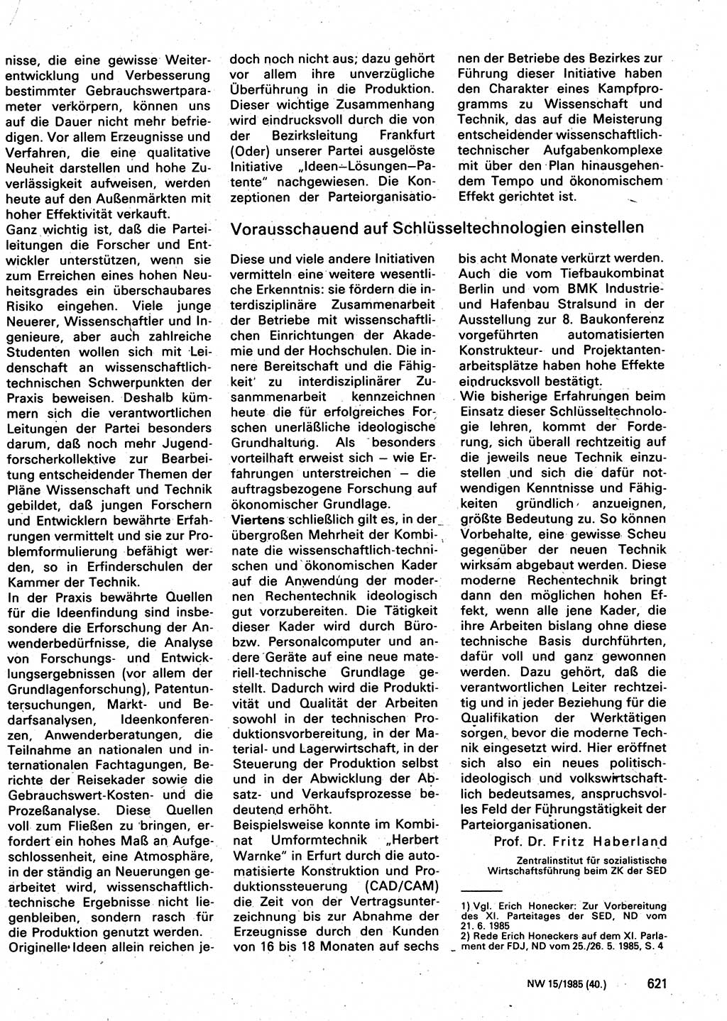 Neuer Weg (NW), Organ des Zentralkomitees (ZK) der SED (Sozialistische Einheitspartei Deutschlands) für Fragen des Parteilebens, 40. Jahrgang [Deutsche Demokratische Republik (DDR)] 1985, Seite 621 (NW ZK SED DDR 1985, S. 621)