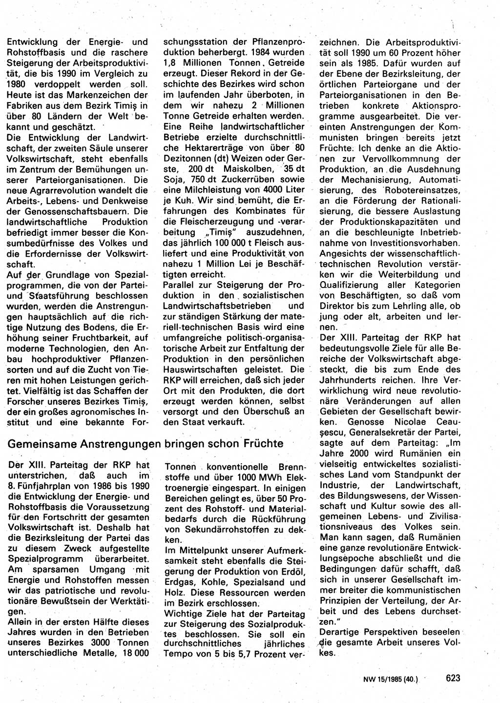 Neuer Weg (NW), Organ des Zentralkomitees (ZK) der SED (Sozialistische Einheitspartei Deutschlands) für Fragen des Parteilebens, 40. Jahrgang [Deutsche Demokratische Republik (DDR)] 1985, Seite 623 (NW ZK SED DDR 1985, S. 623)