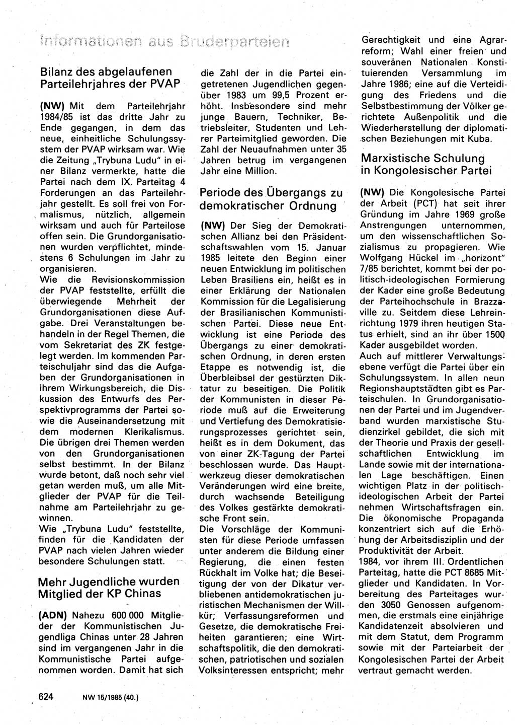 Neuer Weg (NW), Organ des Zentralkomitees (ZK) der SED (Sozialistische Einheitspartei Deutschlands) für Fragen des Parteilebens, 40. Jahrgang [Deutsche Demokratische Republik (DDR)] 1985, Seite 624 (NW ZK SED DDR 1985, S. 624)