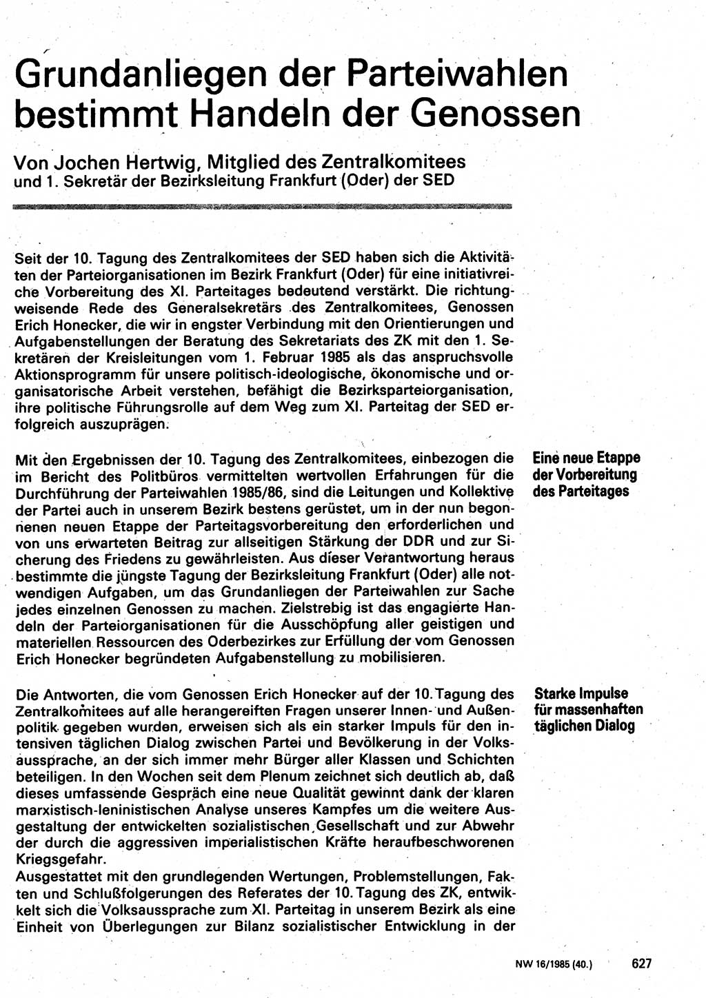 Neuer Weg (NW), Organ des Zentralkomitees (ZK) der SED (Sozialistische Einheitspartei Deutschlands) für Fragen des Parteilebens, 40. Jahrgang [Deutsche Demokratische Republik (DDR)] 1985, Seite 627 (NW ZK SED DDR 1985, S. 627)