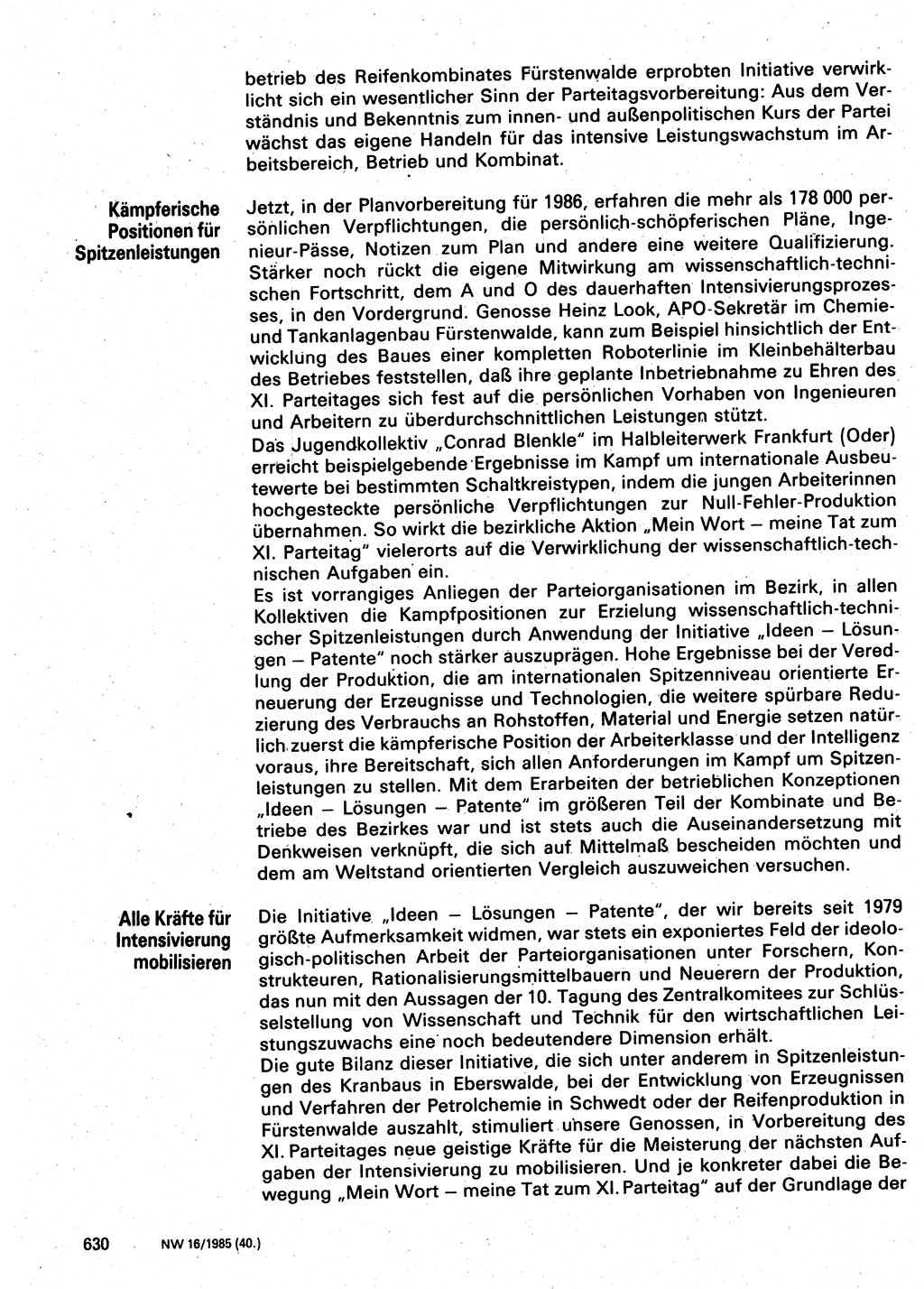 Neuer Weg (NW), Organ des Zentralkomitees (ZK) der SED (Sozialistische Einheitspartei Deutschlands) für Fragen des Parteilebens, 40. Jahrgang [Deutsche Demokratische Republik (DDR)] 1985, Seite 630 (NW ZK SED DDR 1985, S. 630)