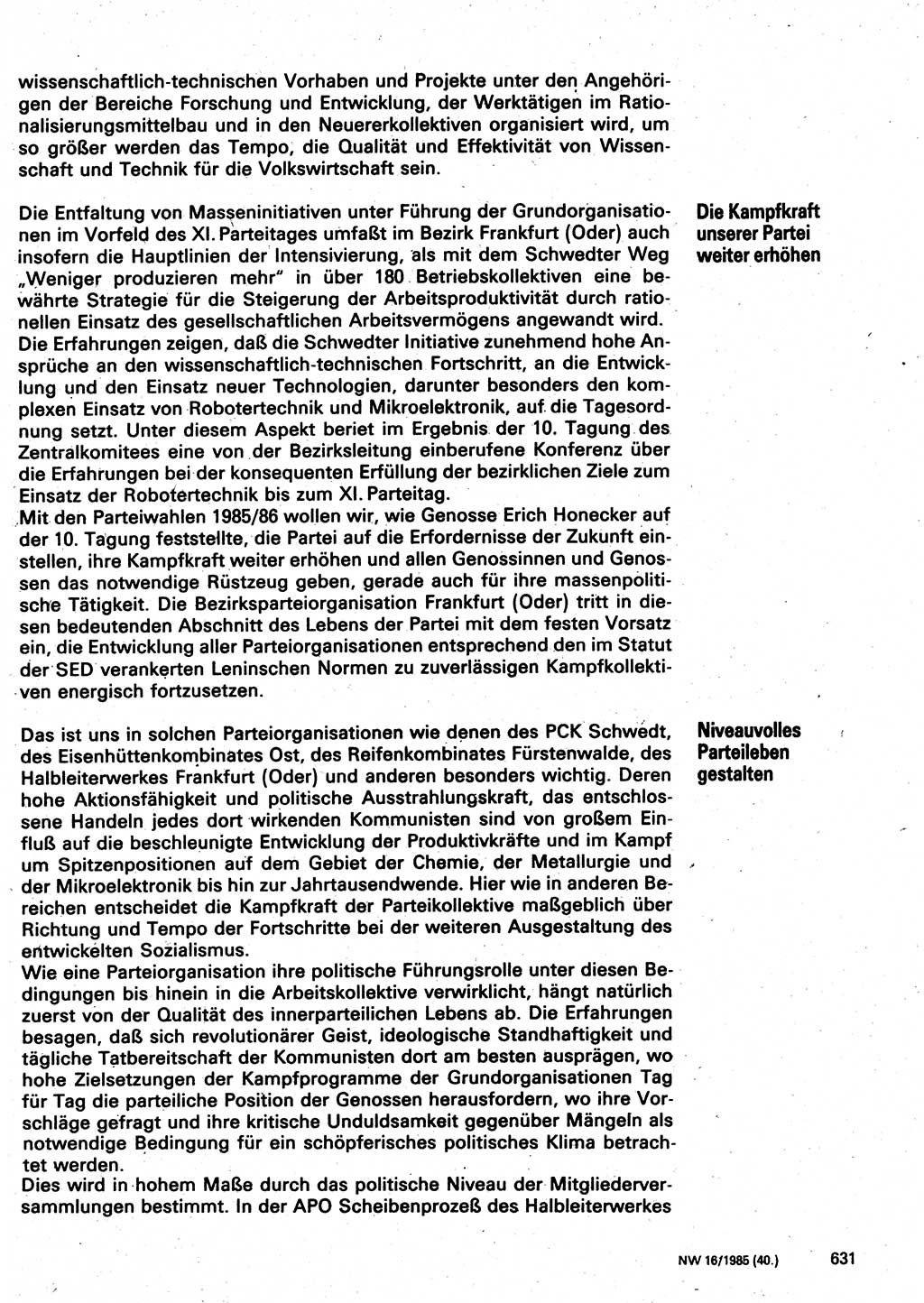 Neuer Weg (NW), Organ des Zentralkomitees (ZK) der SED (Sozialistische Einheitspartei Deutschlands) für Fragen des Parteilebens, 40. Jahrgang [Deutsche Demokratische Republik (DDR)] 1985, Seite 631 (NW ZK SED DDR 1985, S. 631)