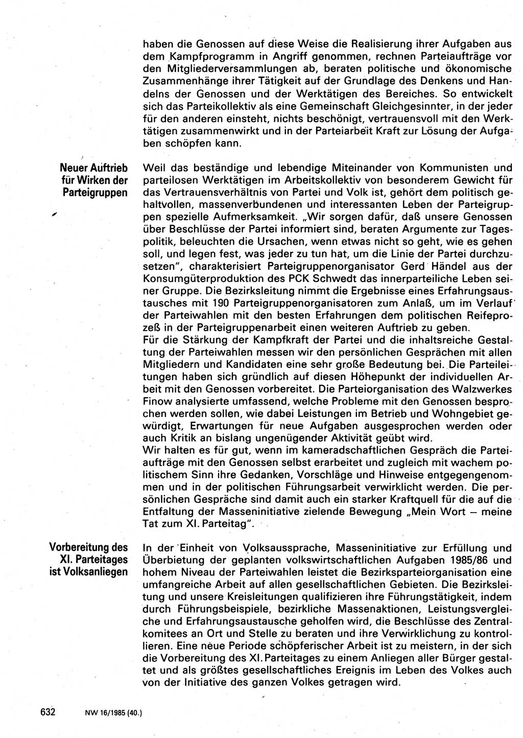 Neuer Weg (NW), Organ des Zentralkomitees (ZK) der SED (Sozialistische Einheitspartei Deutschlands) für Fragen des Parteilebens, 40. Jahrgang [Deutsche Demokratische Republik (DDR)] 1985, Seite 632 (NW ZK SED DDR 1985, S. 632)