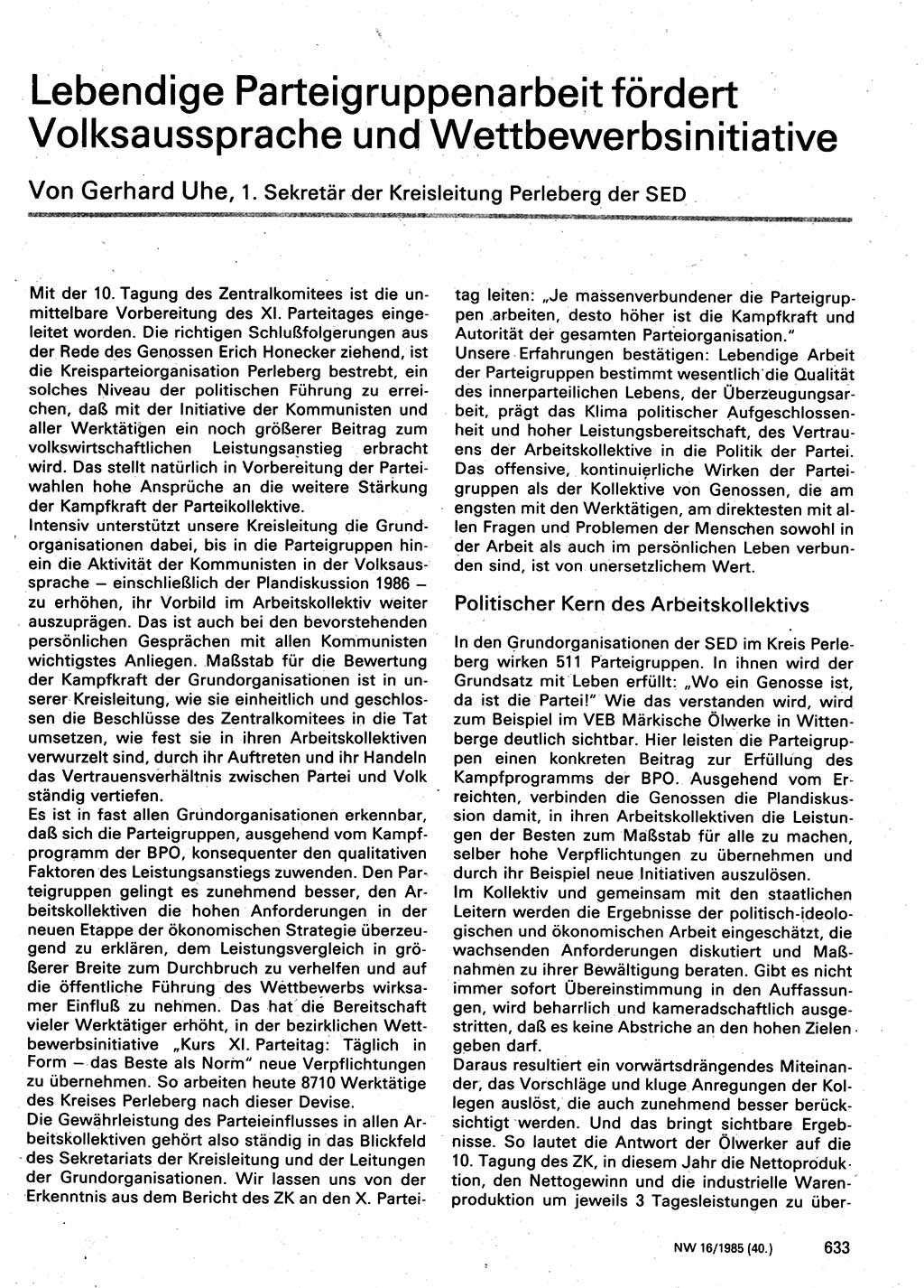 Neuer Weg (NW), Organ des Zentralkomitees (ZK) der SED (Sozialistische Einheitspartei Deutschlands) für Fragen des Parteilebens, 40. Jahrgang [Deutsche Demokratische Republik (DDR)] 1985, Seite 633 (NW ZK SED DDR 1985, S. 633)