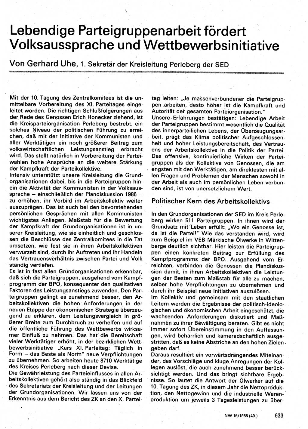 Neuer Weg (NW), Organ des Zentralkomitees (ZK) der SED (Sozialistische Einheitspartei Deutschlands) für Fragen des Parteilebens, 40. Jahrgang [Deutsche Demokratische Republik (DDR)] 1985, Seite 633 (NW ZK SED DDR 1985, S. 633)