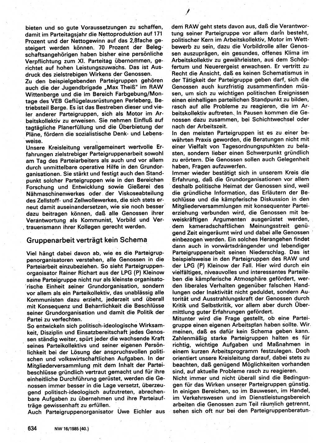 Neuer Weg (NW), Organ des Zentralkomitees (ZK) der SED (Sozialistische Einheitspartei Deutschlands) für Fragen des Parteilebens, 40. Jahrgang [Deutsche Demokratische Republik (DDR)] 1985, Seite 634 (NW ZK SED DDR 1985, S. 634)