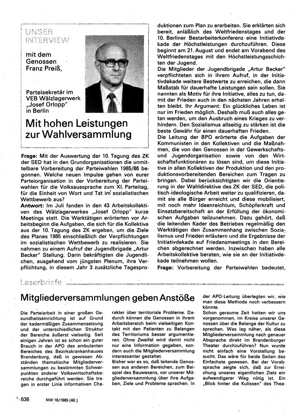 Neuer Weg (NW), Organ des Zentralkomitees (ZK) der SED (Sozialistische Einheitspartei Deutschlands) für Fragen des Parteilebens, 40. Jahrgang [Deutsche Demokratische Republik (DDR)] 1985, Seite 636 (NW ZK SED DDR 1985, S. 636)