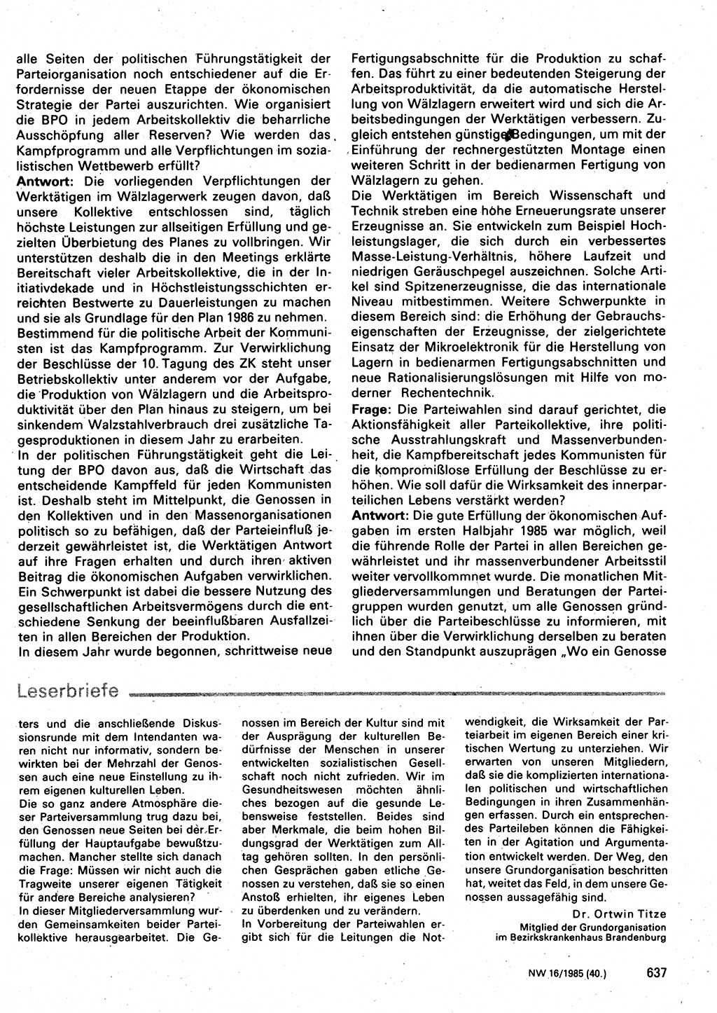 Neuer Weg (NW), Organ des Zentralkomitees (ZK) der SED (Sozialistische Einheitspartei Deutschlands) für Fragen des Parteilebens, 40. Jahrgang [Deutsche Demokratische Republik (DDR)] 1985, Seite 637 (NW ZK SED DDR 1985, S. 637)