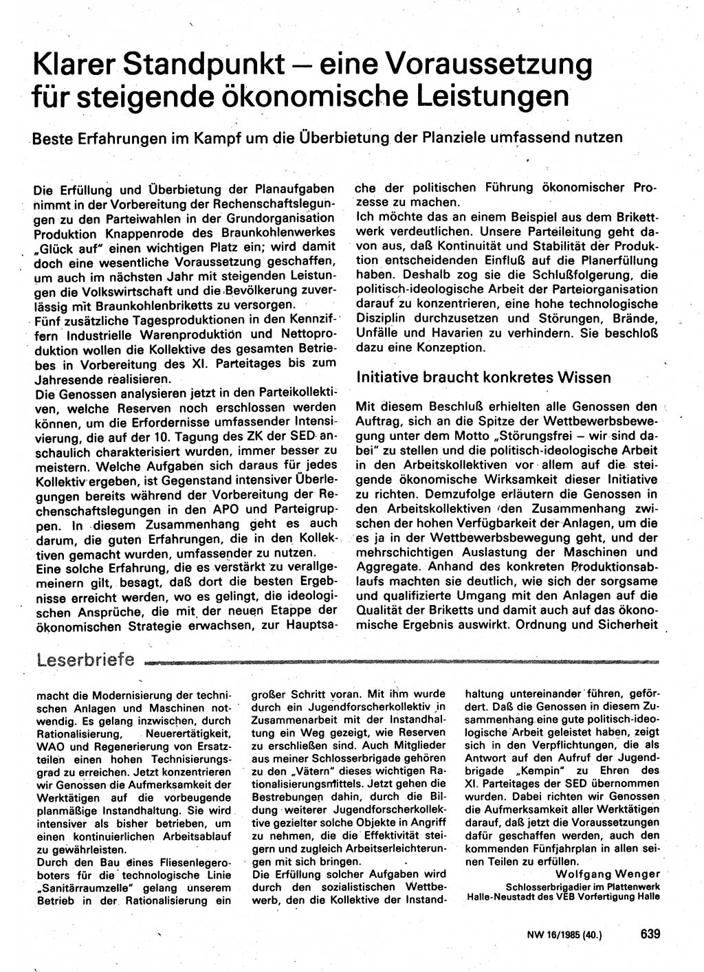 Neuer Weg (NW), Organ des Zentralkomitees (ZK) der SED (Sozialistische Einheitspartei Deutschlands) für Fragen des Parteilebens, 40. Jahrgang [Deutsche Demokratische Republik (DDR)] 1985, Seite 639 (NW ZK SED DDR 1985, S. 639)