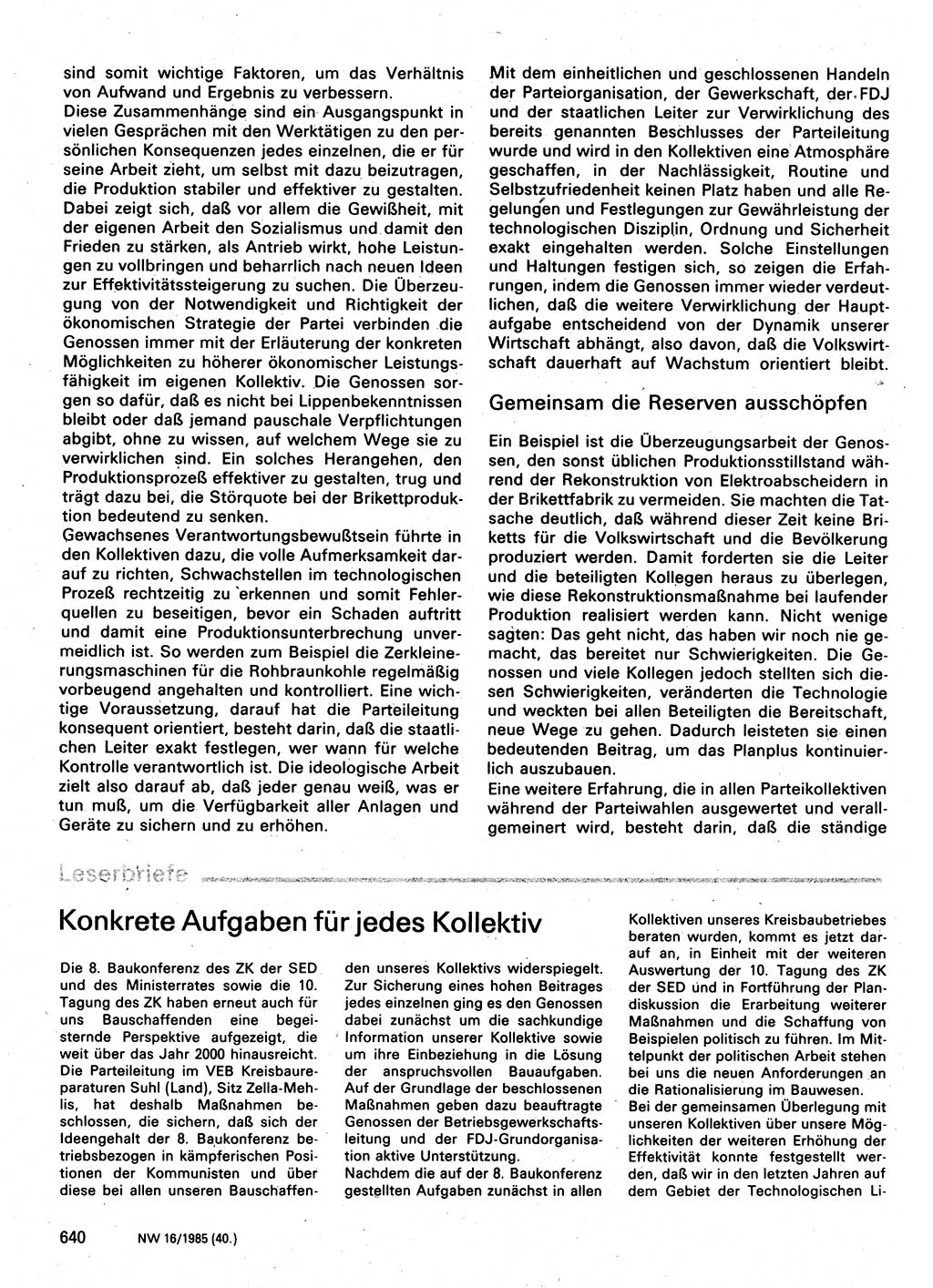 Neuer Weg (NW), Organ des Zentralkomitees (ZK) der SED (Sozialistische Einheitspartei Deutschlands) für Fragen des Parteilebens, 40. Jahrgang [Deutsche Demokratische Republik (DDR)] 1985, Seite 640 (NW ZK SED DDR 1985, S. 640)