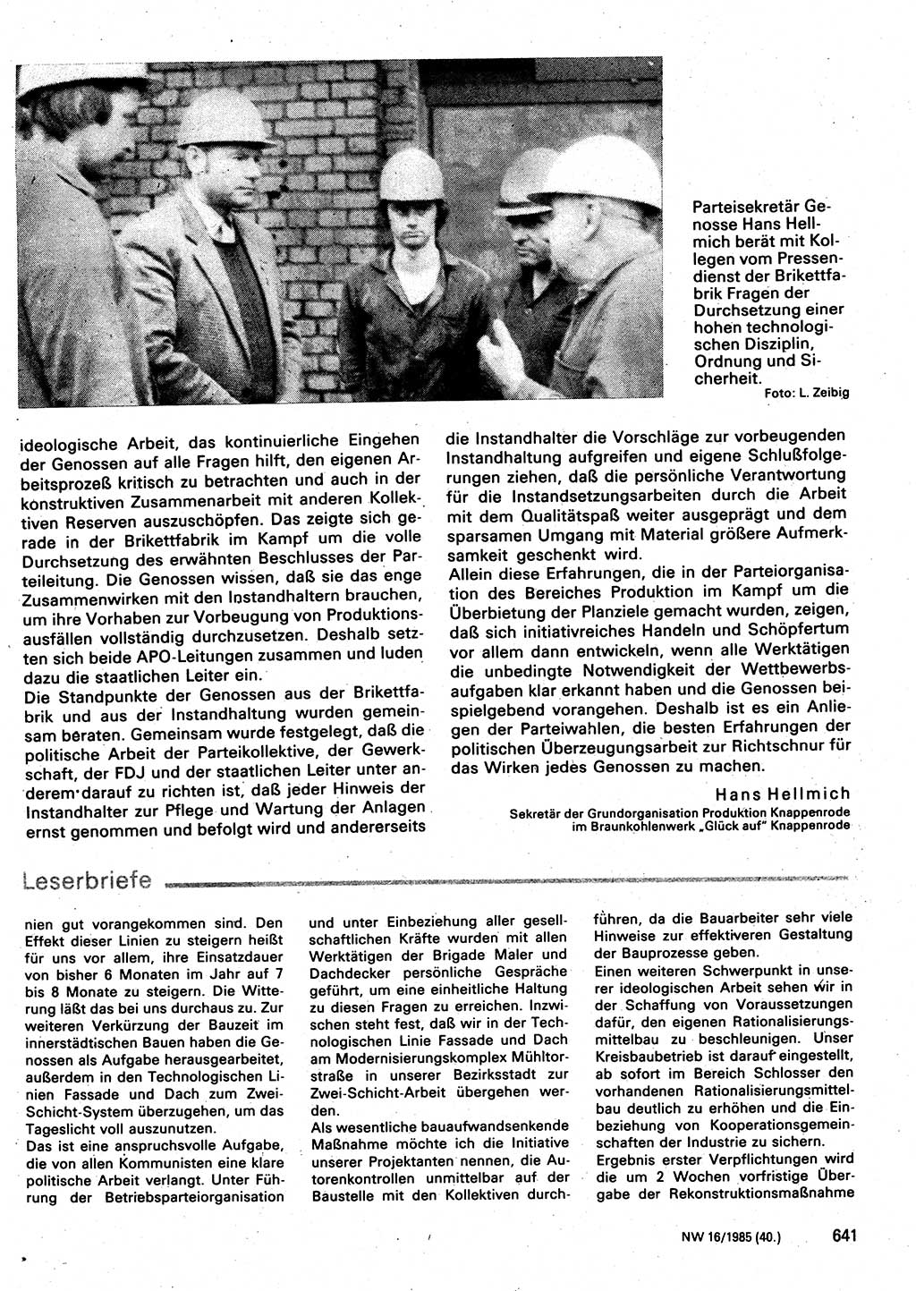 Neuer Weg (NW), Organ des Zentralkomitees (ZK) der SED (Sozialistische Einheitspartei Deutschlands) für Fragen des Parteilebens, 40. Jahrgang [Deutsche Demokratische Republik (DDR)] 1985, Seite 641 (NW ZK SED DDR 1985, S. 641)