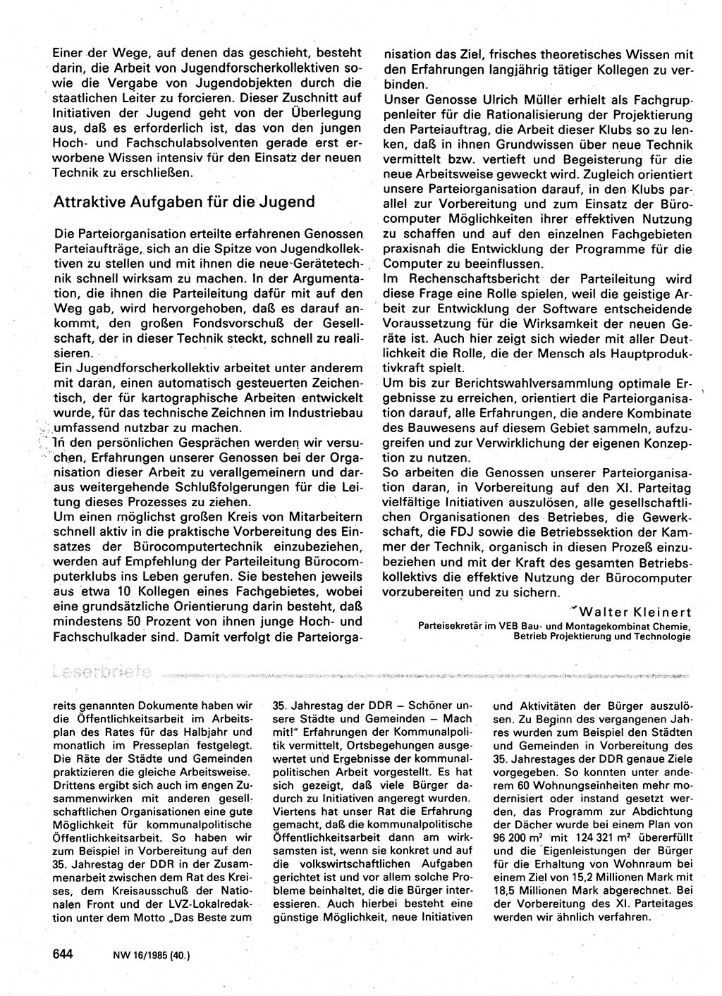 Neuer Weg (NW), Organ des Zentralkomitees (ZK) der SED (Sozialistische Einheitspartei Deutschlands) für Fragen des Parteilebens, 40. Jahrgang [Deutsche Demokratische Republik (DDR)] 1985, Seite 644 (NW ZK SED DDR 1985, S. 644)