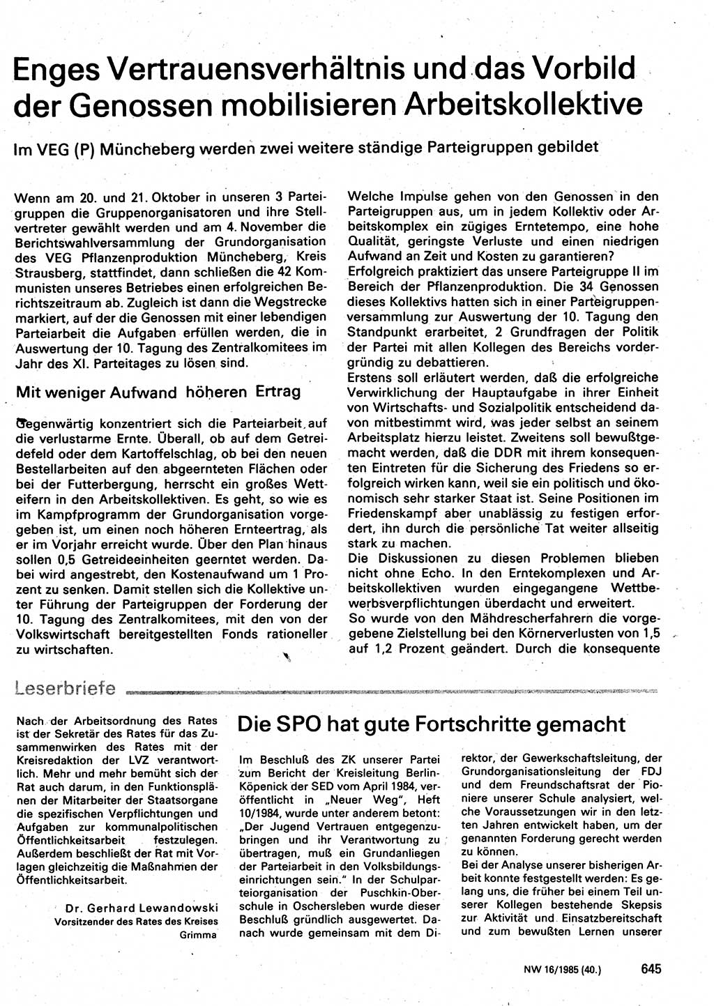 Neuer Weg (NW), Organ des Zentralkomitees (ZK) der SED (Sozialistische Einheitspartei Deutschlands) für Fragen des Parteilebens, 40. Jahrgang [Deutsche Demokratische Republik (DDR)] 1985, Seite 645 (NW ZK SED DDR 1985, S. 645)