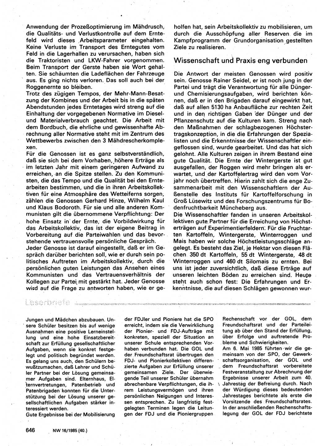 Neuer Weg (NW), Organ des Zentralkomitees (ZK) der SED (Sozialistische Einheitspartei Deutschlands) für Fragen des Parteilebens, 40. Jahrgang [Deutsche Demokratische Republik (DDR)] 1985, Seite 646 (NW ZK SED DDR 1985, S. 646)