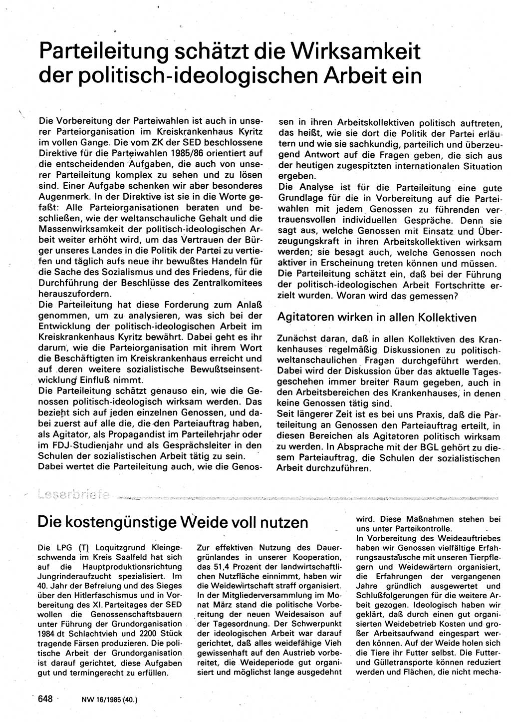 Neuer Weg (NW), Organ des Zentralkomitees (ZK) der SED (Sozialistische Einheitspartei Deutschlands) für Fragen des Parteilebens, 40. Jahrgang [Deutsche Demokratische Republik (DDR)] 1985, Seite 648 (NW ZK SED DDR 1985, S. 648)