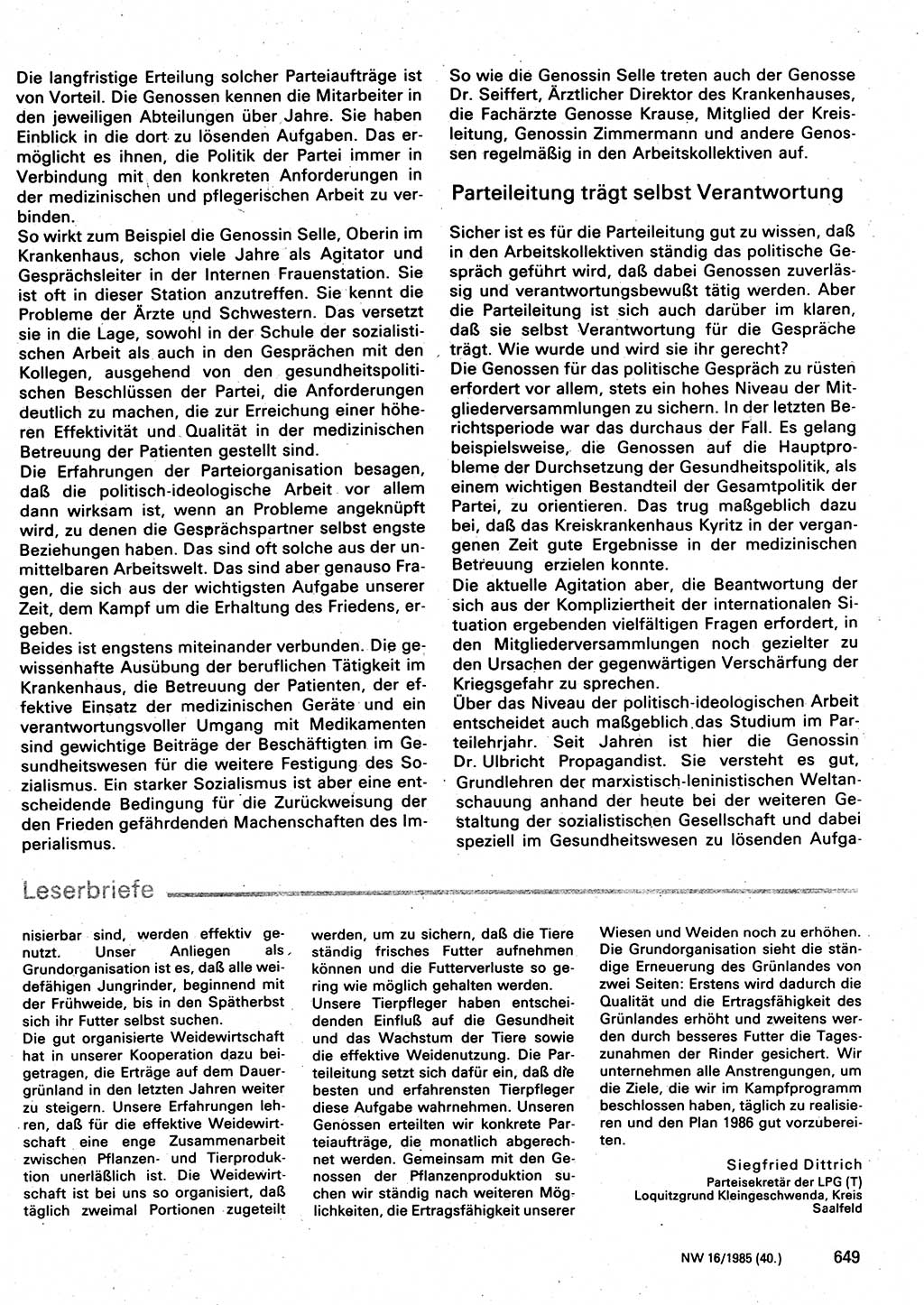 Neuer Weg (NW), Organ des Zentralkomitees (ZK) der SED (Sozialistische Einheitspartei Deutschlands) für Fragen des Parteilebens, 40. Jahrgang [Deutsche Demokratische Republik (DDR)] 1985, Seite 649 (NW ZK SED DDR 1985, S. 649)