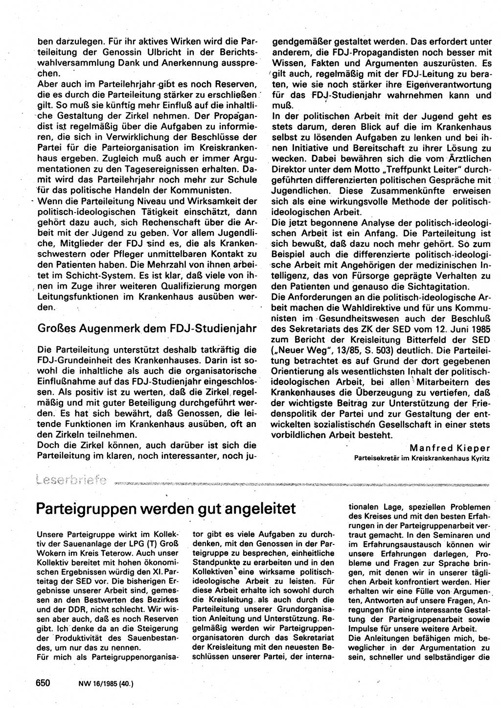 Neuer Weg (NW), Organ des Zentralkomitees (ZK) der SED (Sozialistische Einheitspartei Deutschlands) für Fragen des Parteilebens, 40. Jahrgang [Deutsche Demokratische Republik (DDR)] 1985, Seite 650 (NW ZK SED DDR 1985, S. 650)