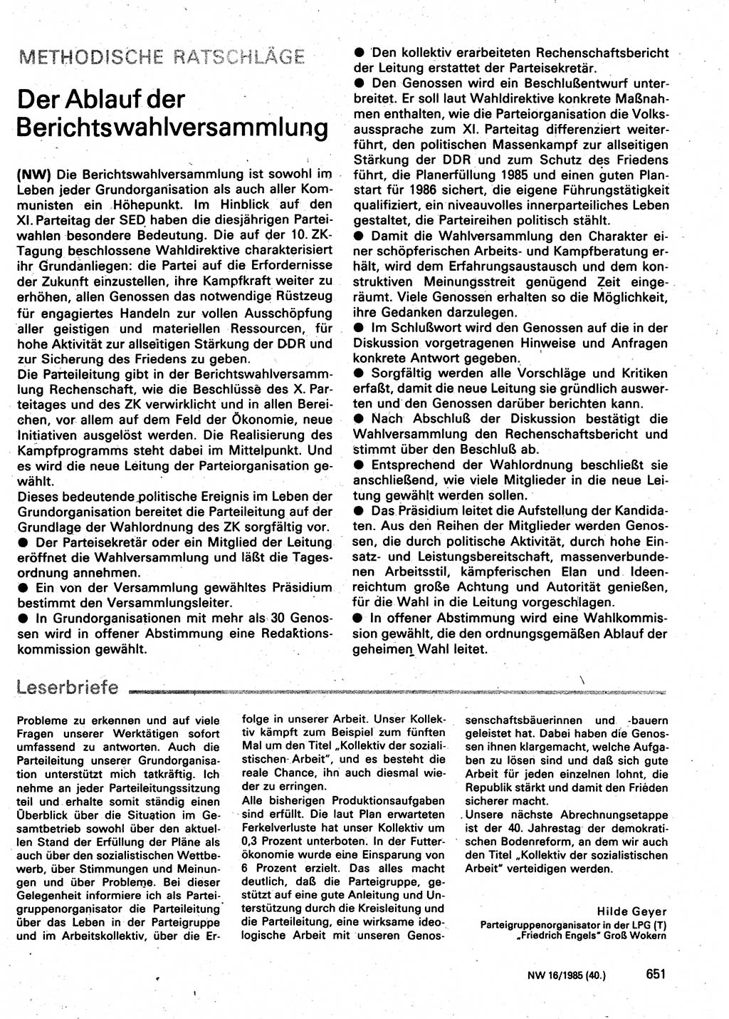 Neuer Weg (NW), Organ des Zentralkomitees (ZK) der SED (Sozialistische Einheitspartei Deutschlands) für Fragen des Parteilebens, 40. Jahrgang [Deutsche Demokratische Republik (DDR)] 1985, Seite 651 (NW ZK SED DDR 1985, S. 651)
