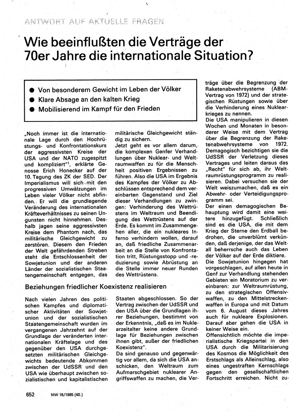 Neuer Weg (NW), Organ des Zentralkomitees (ZK) der SED (Sozialistische Einheitspartei Deutschlands) für Fragen des Parteilebens, 40. Jahrgang [Deutsche Demokratische Republik (DDR)] 1985, Seite 652 (NW ZK SED DDR 1985, S. 652)