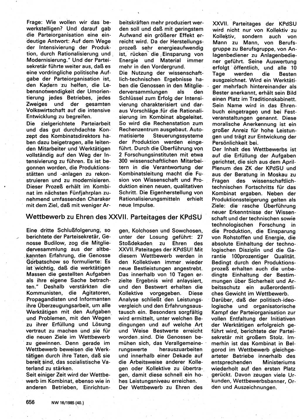 Neuer Weg (NW), Organ des Zentralkomitees (ZK) der SED (Sozialistische Einheitspartei Deutschlands) für Fragen des Parteilebens, 40. Jahrgang [Deutsche Demokratische Republik (DDR)] 1985, Seite 656 (NW ZK SED DDR 1985, S. 656)