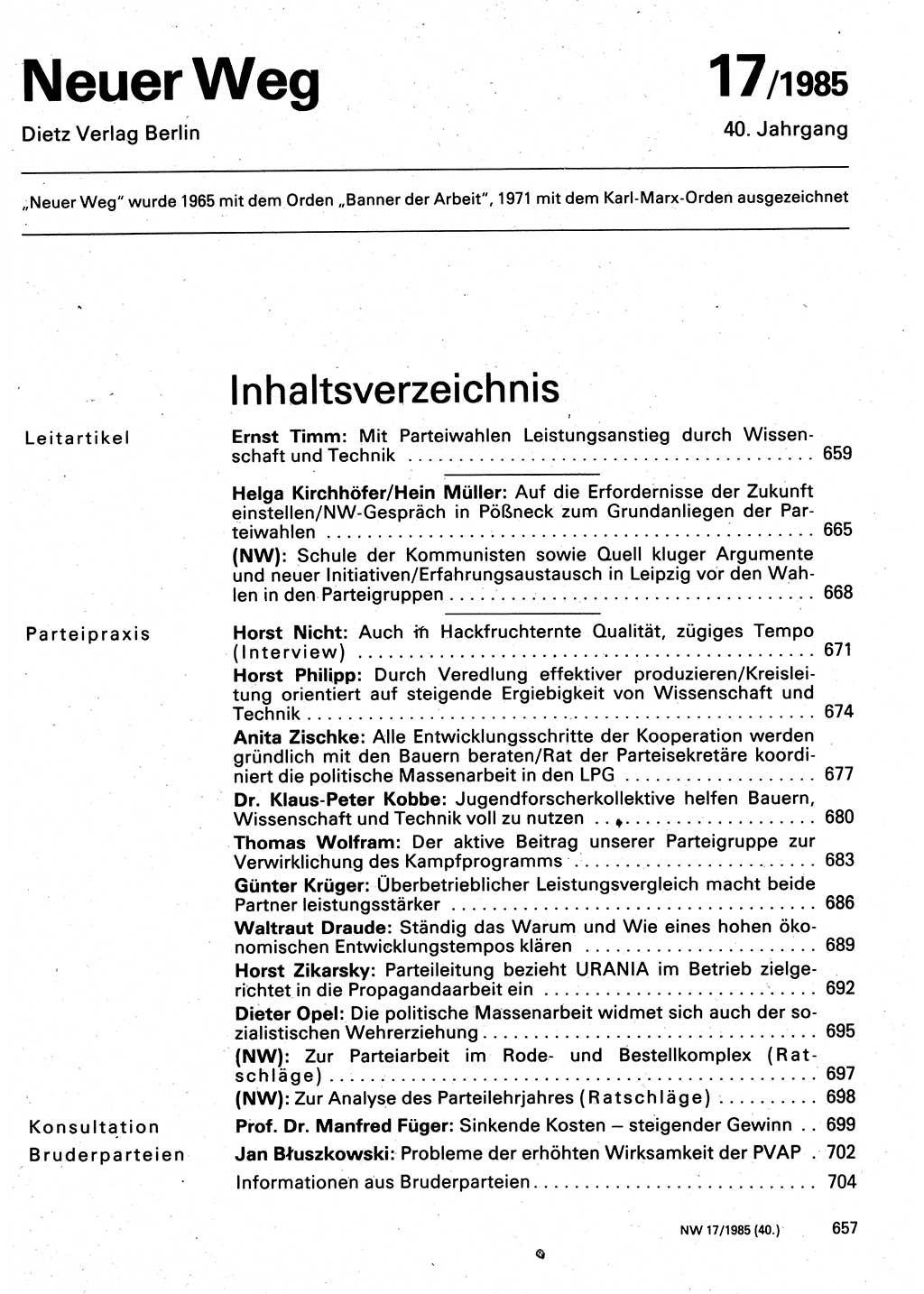 Neuer Weg (NW), Organ des Zentralkomitees (ZK) der SED (Sozialistische Einheitspartei Deutschlands) für Fragen des Parteilebens, 40. Jahrgang [Deutsche Demokratische Republik (DDR)] 1985, Seite 657 (NW ZK SED DDR 1985, S. 657)