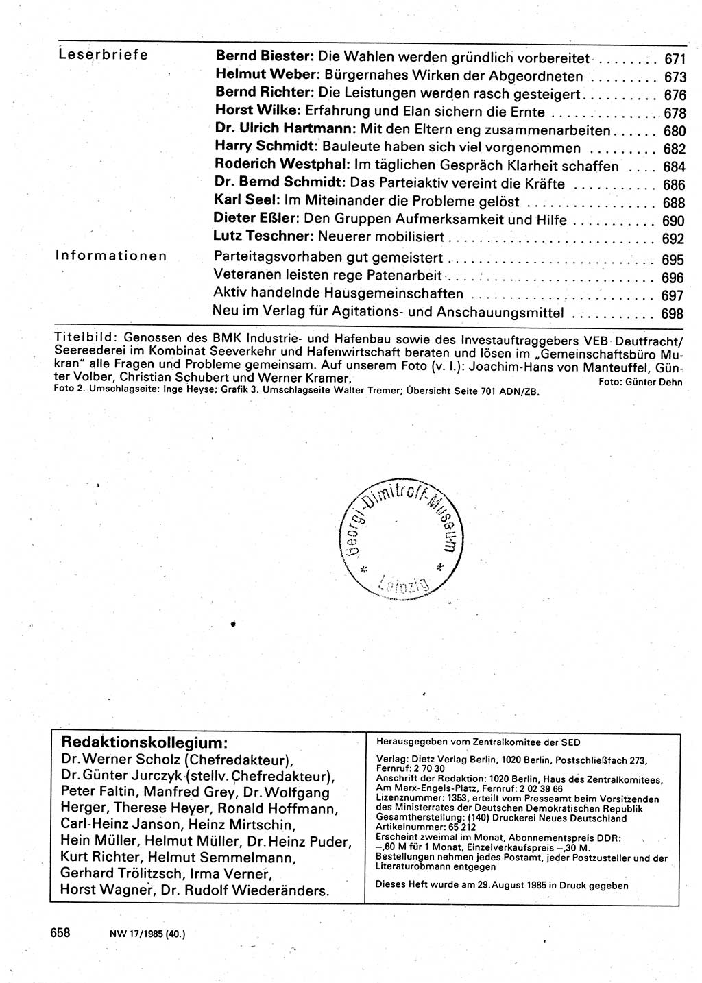 Neuer Weg (NW), Organ des Zentralkomitees (ZK) der SED (Sozialistische Einheitspartei Deutschlands) für Fragen des Parteilebens, 40. Jahrgang [Deutsche Demokratische Republik (DDR)] 1985, Seite 658 (NW ZK SED DDR 1985, S. 658)