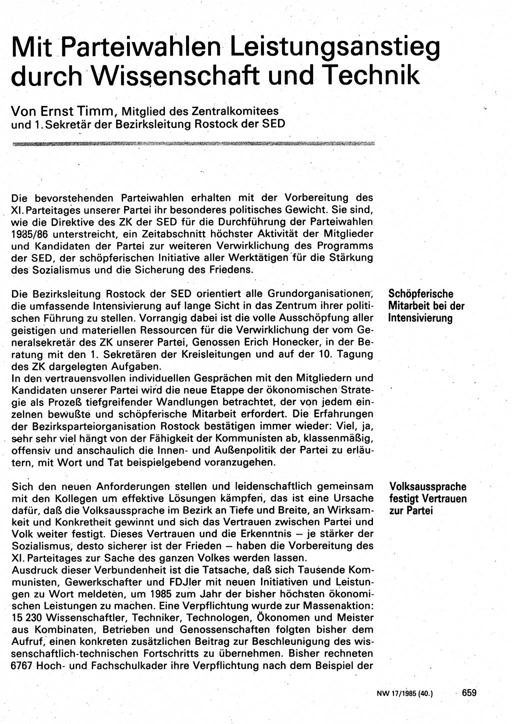 Neuer Weg (NW), Organ des Zentralkomitees (ZK) der SED (Sozialistische Einheitspartei Deutschlands) für Fragen des Parteilebens, 40. Jahrgang [Deutsche Demokratische Republik (DDR)] 1985, Seite 659 (NW ZK SED DDR 1985, S. 659)