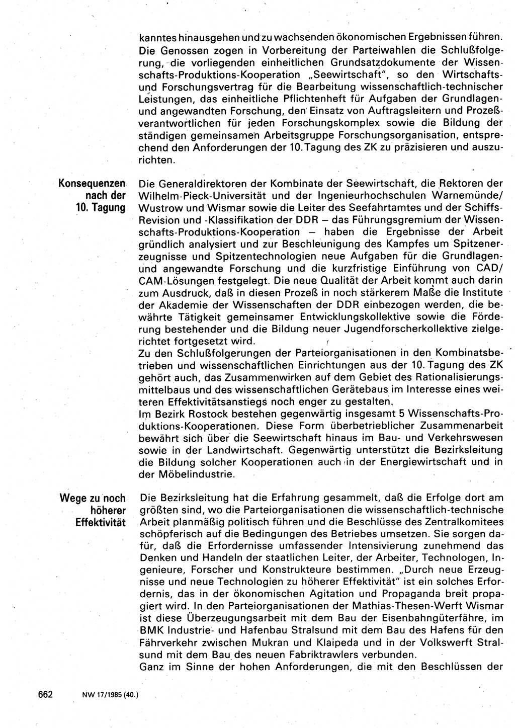 Neuer Weg (NW), Organ des Zentralkomitees (ZK) der SED (Sozialistische Einheitspartei Deutschlands) für Fragen des Parteilebens, 40. Jahrgang [Deutsche Demokratische Republik (DDR)] 1985, Seite 662 (NW ZK SED DDR 1985, S. 662)
