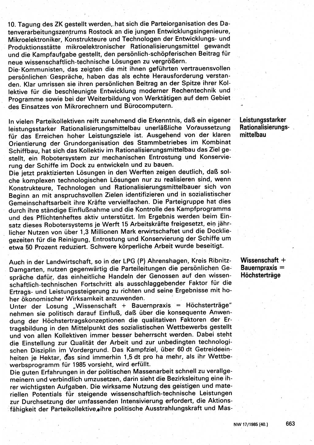Neuer Weg (NW), Organ des Zentralkomitees (ZK) der SED (Sozialistische Einheitspartei Deutschlands) für Fragen des Parteilebens, 40. Jahrgang [Deutsche Demokratische Republik (DDR)] 1985, Seite 663 (NW ZK SED DDR 1985, S. 663)