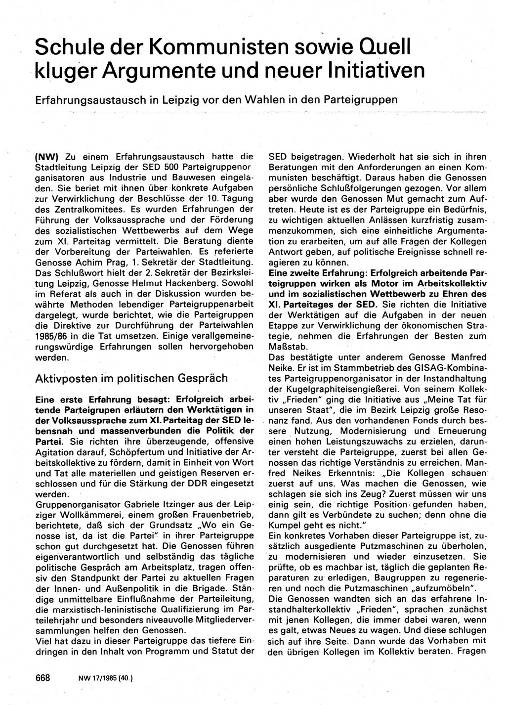 Neuer Weg (NW), Organ des Zentralkomitees (ZK) der SED (Sozialistische Einheitspartei Deutschlands) für Fragen des Parteilebens, 40. Jahrgang [Deutsche Demokratische Republik (DDR)] 1985, Seite 668 (NW ZK SED DDR 1985, S. 668)