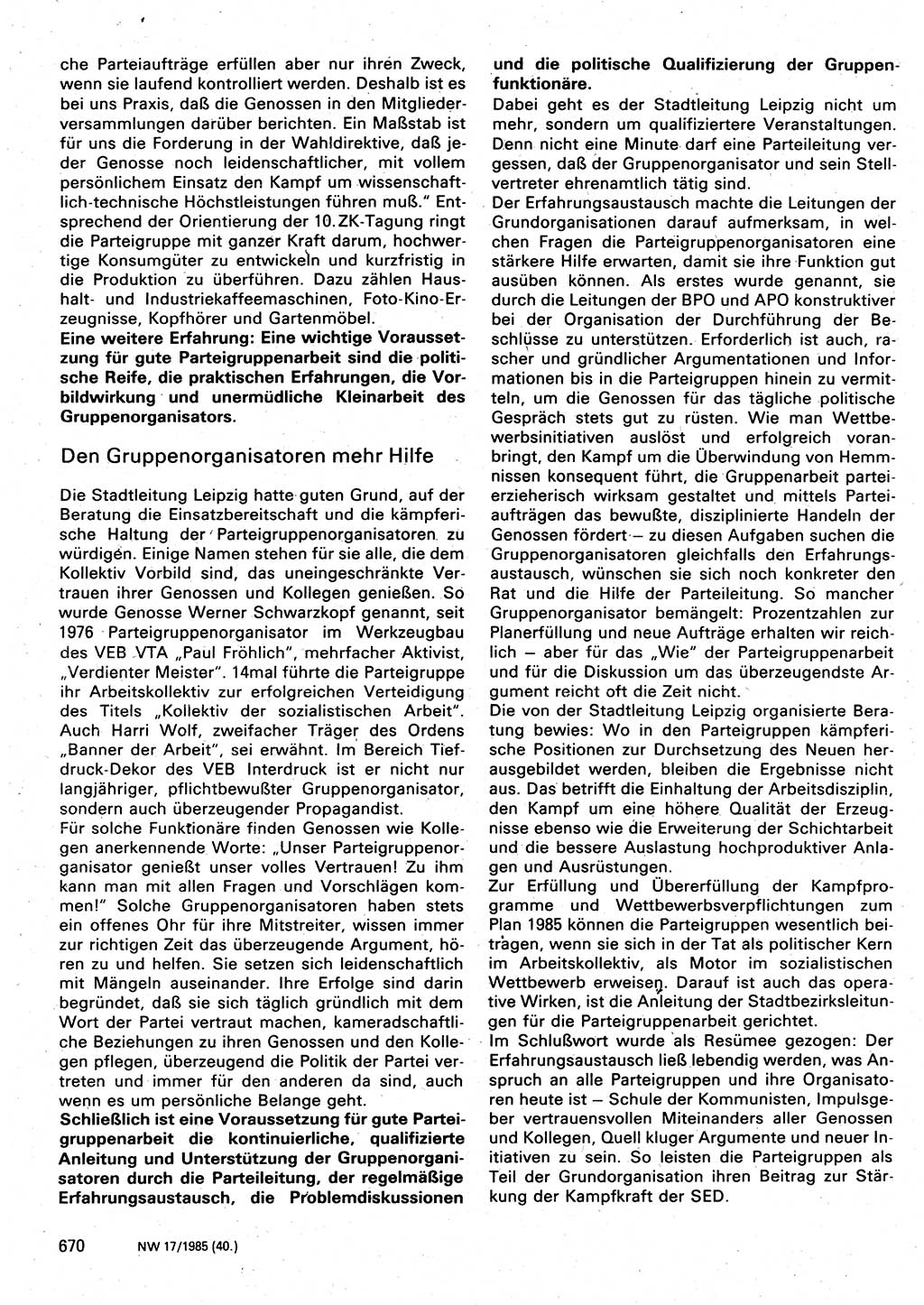 Neuer Weg (NW), Organ des Zentralkomitees (ZK) der SED (Sozialistische Einheitspartei Deutschlands) für Fragen des Parteilebens, 40. Jahrgang [Deutsche Demokratische Republik (DDR)] 1985, Seite 670 (NW ZK SED DDR 1985, S. 670)