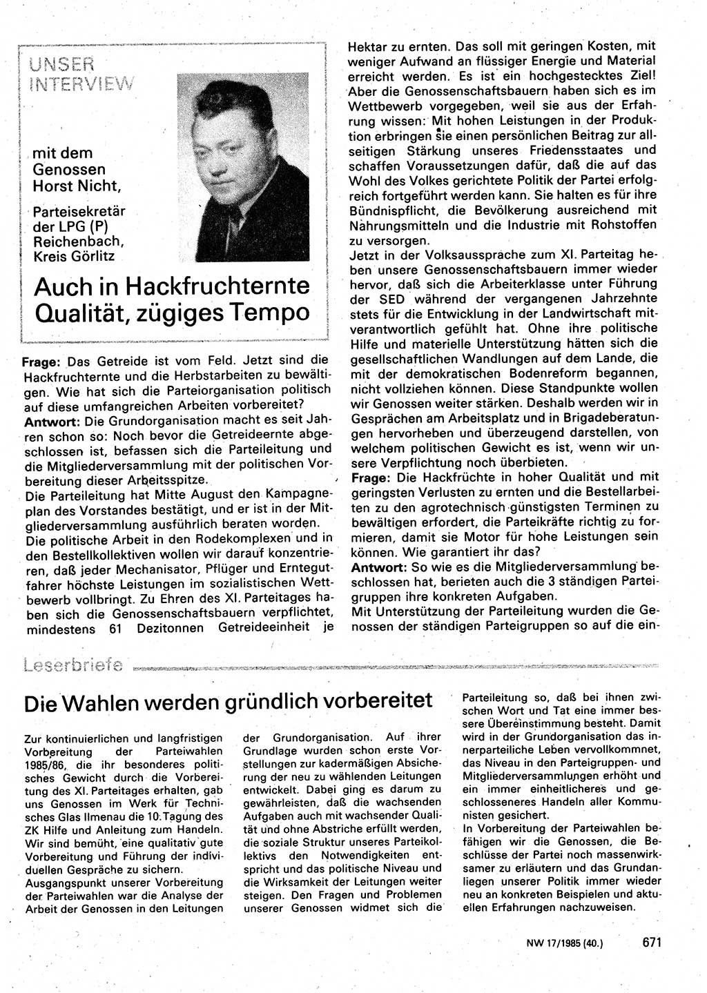 Neuer Weg (NW), Organ des Zentralkomitees (ZK) der SED (Sozialistische Einheitspartei Deutschlands) für Fragen des Parteilebens, 40. Jahrgang [Deutsche Demokratische Republik (DDR)] 1985, Seite 671 (NW ZK SED DDR 1985, S. 671)