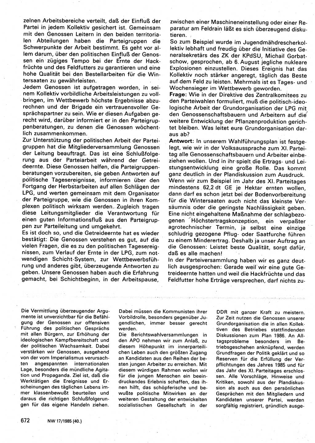 Neuer Weg (NW), Organ des Zentralkomitees (ZK) der SED (Sozialistische Einheitspartei Deutschlands) für Fragen des Parteilebens, 40. Jahrgang [Deutsche Demokratische Republik (DDR)] 1985, Seite 672 (NW ZK SED DDR 1985, S. 672)