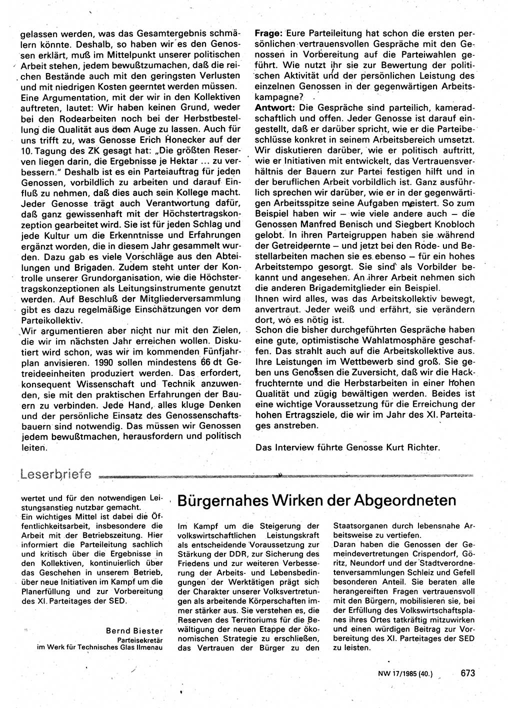 Neuer Weg (NW), Organ des Zentralkomitees (ZK) der SED (Sozialistische Einheitspartei Deutschlands) für Fragen des Parteilebens, 40. Jahrgang [Deutsche Demokratische Republik (DDR)] 1985, Seite 673 (NW ZK SED DDR 1985, S. 673)