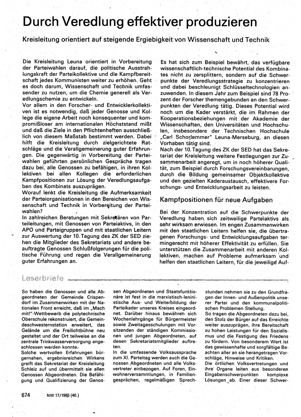 Neuer Weg (NW), Organ des Zentralkomitees (ZK) der SED (Sozialistische Einheitspartei Deutschlands) für Fragen des Parteilebens, 40. Jahrgang [Deutsche Demokratische Republik (DDR)] 1985, Seite 674 (NW ZK SED DDR 1985, S. 674)