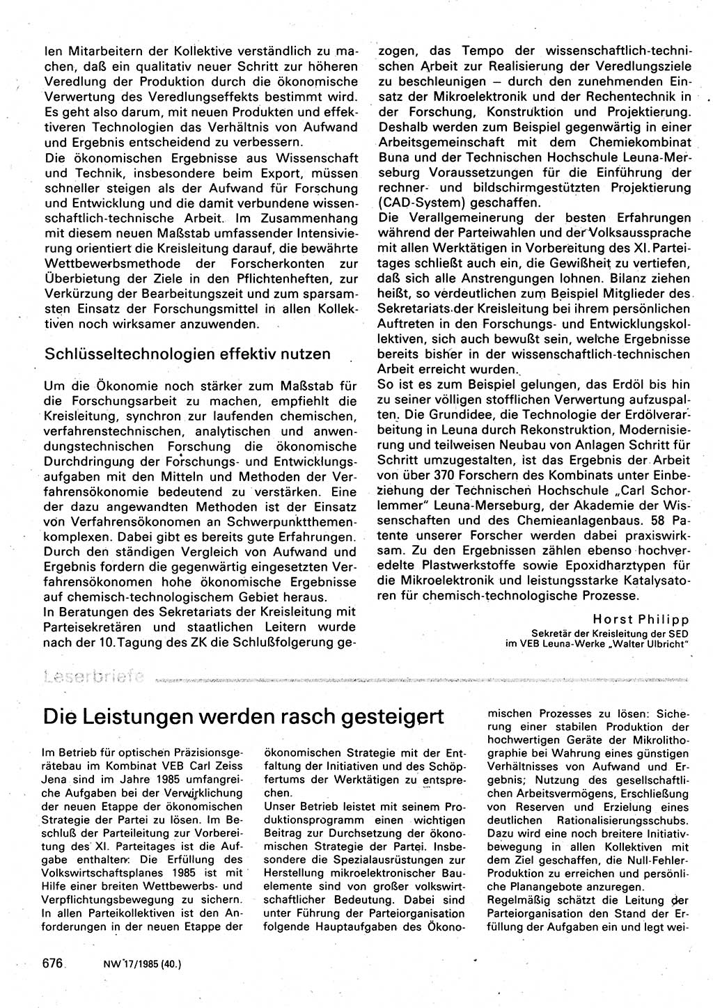 Neuer Weg (NW), Organ des Zentralkomitees (ZK) der SED (Sozialistische Einheitspartei Deutschlands) für Fragen des Parteilebens, 40. Jahrgang [Deutsche Demokratische Republik (DDR)] 1985, Seite 676 (NW ZK SED DDR 1985, S. 676)
