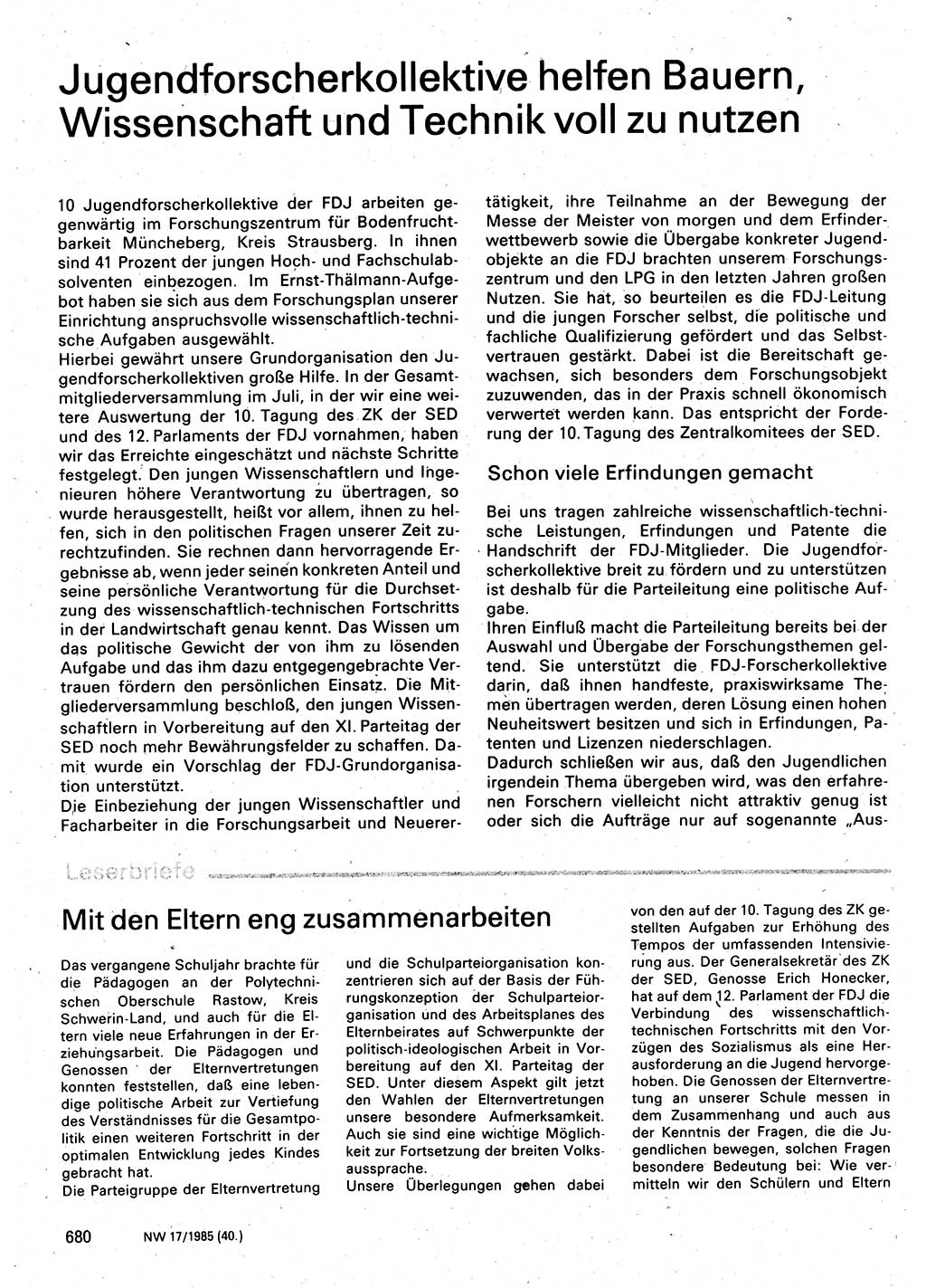 Neuer Weg (NW), Organ des Zentralkomitees (ZK) der SED (Sozialistische Einheitspartei Deutschlands) für Fragen des Parteilebens, 40. Jahrgang [Deutsche Demokratische Republik (DDR)] 1985, Seite 680 (NW ZK SED DDR 1985, S. 680)