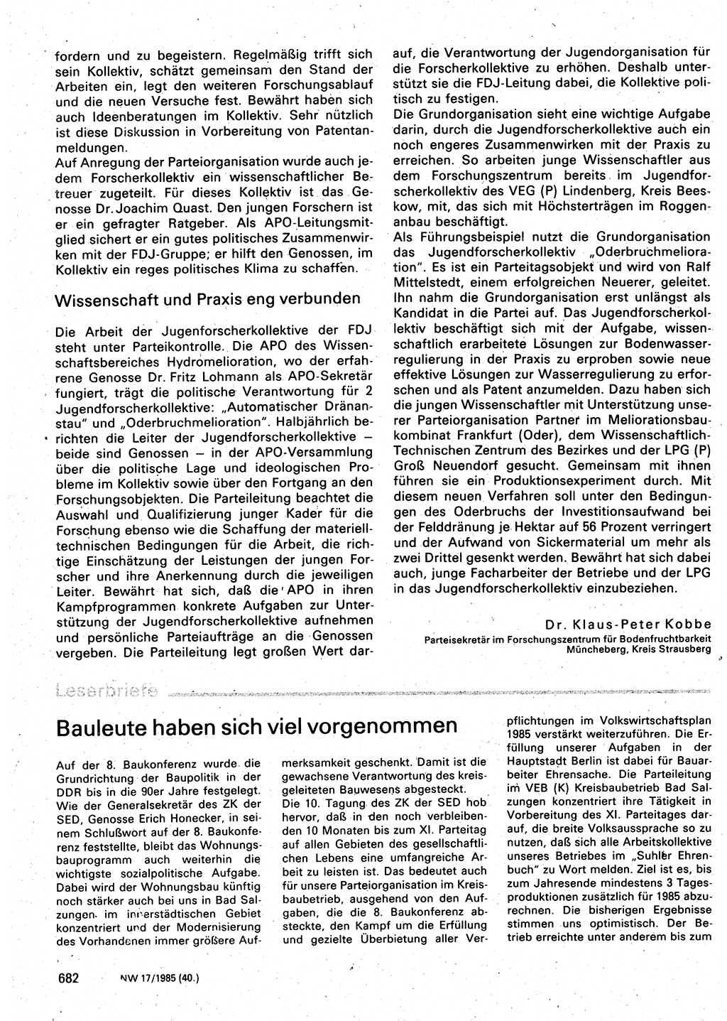 Neuer Weg (NW), Organ des Zentralkomitees (ZK) der SED (Sozialistische Einheitspartei Deutschlands) für Fragen des Parteilebens, 40. Jahrgang [Deutsche Demokratische Republik (DDR)] 1985, Seite 682 (NW ZK SED DDR 1985, S. 682)